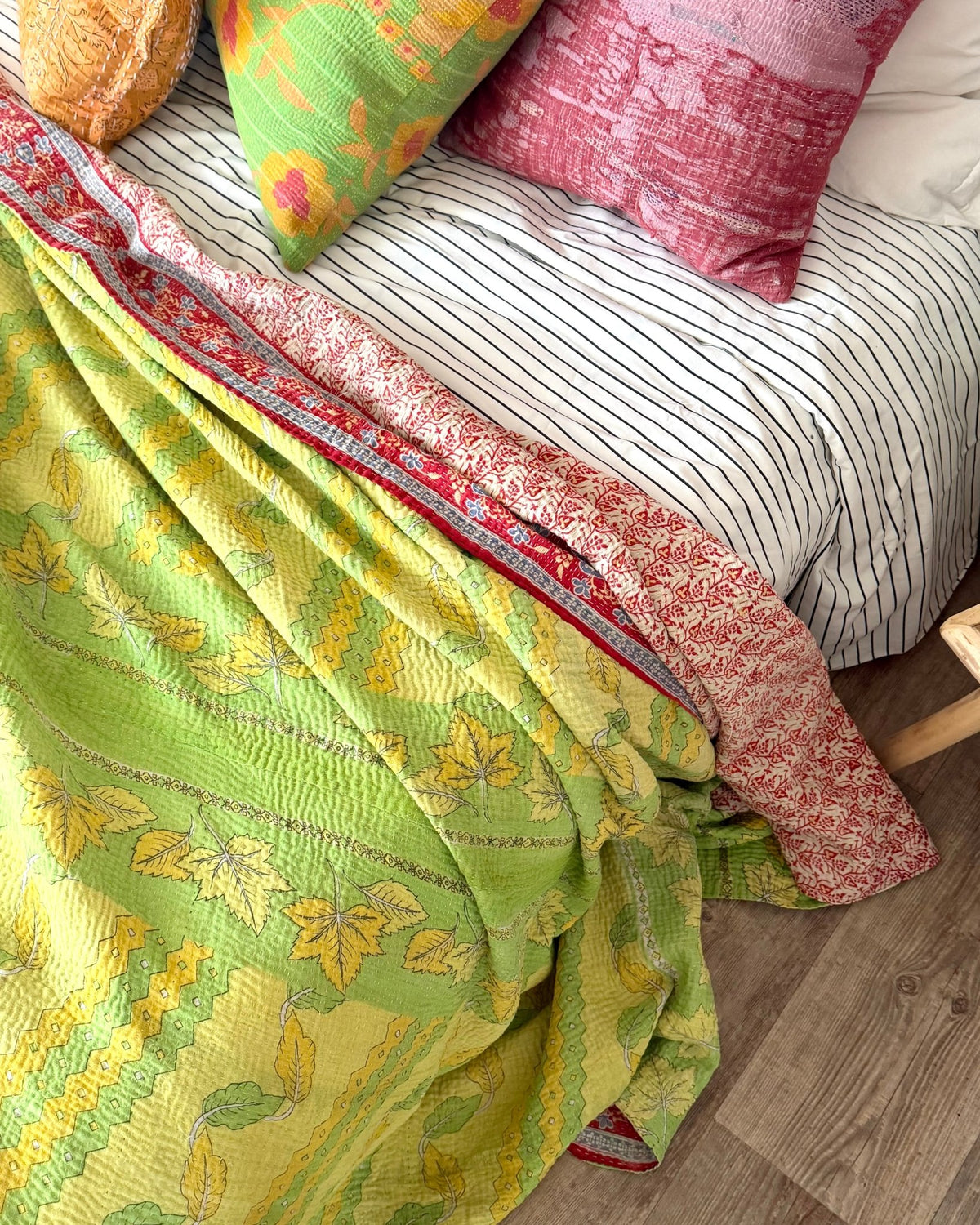 Large Fine Stitched Vintage Kantha Quilt in Bright Green and Red Floral - Biggs & Hill