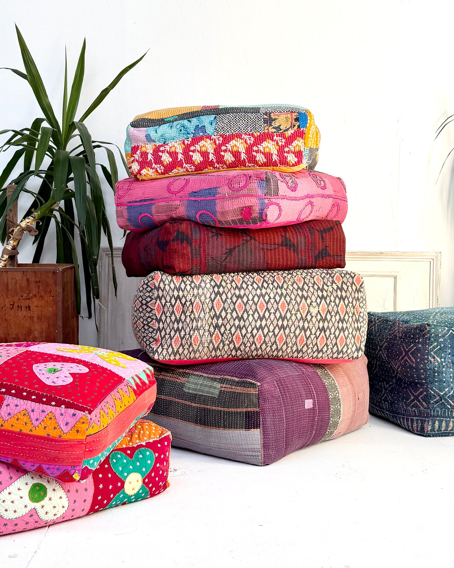Extra Large Square Kantha Pouf Cushion Cover With Blue and Grey Stripes