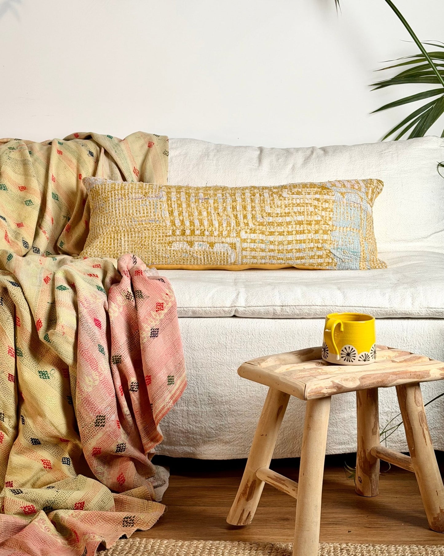 Vintage Kantha Bolster Cushion In Yellow 03 - Biggs & Hill