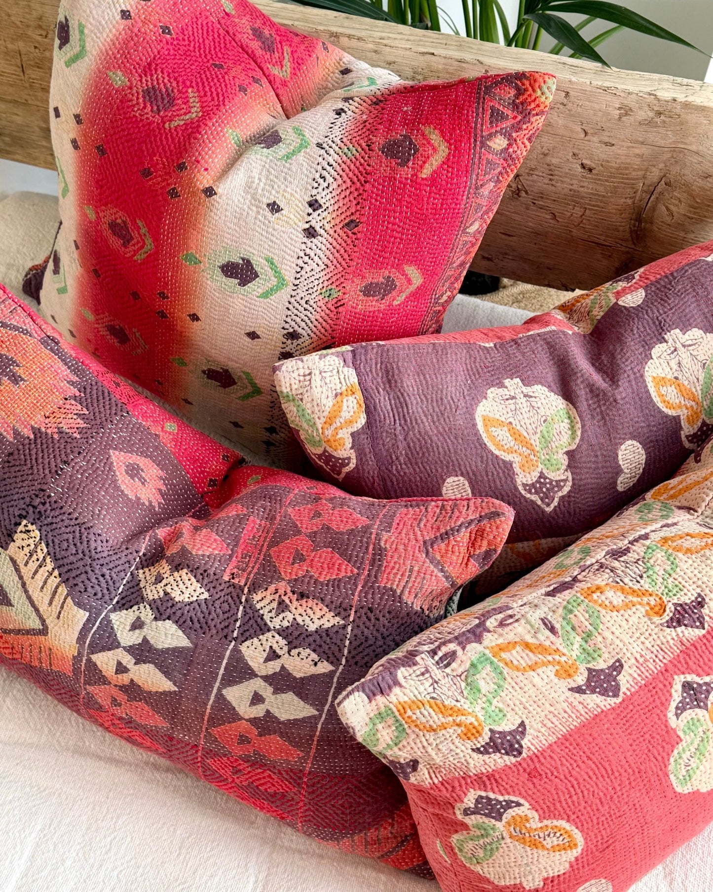 Vintage Kantha Cushion In Geometric Pink and Purple - Small Rectangular - Biggs & Hill