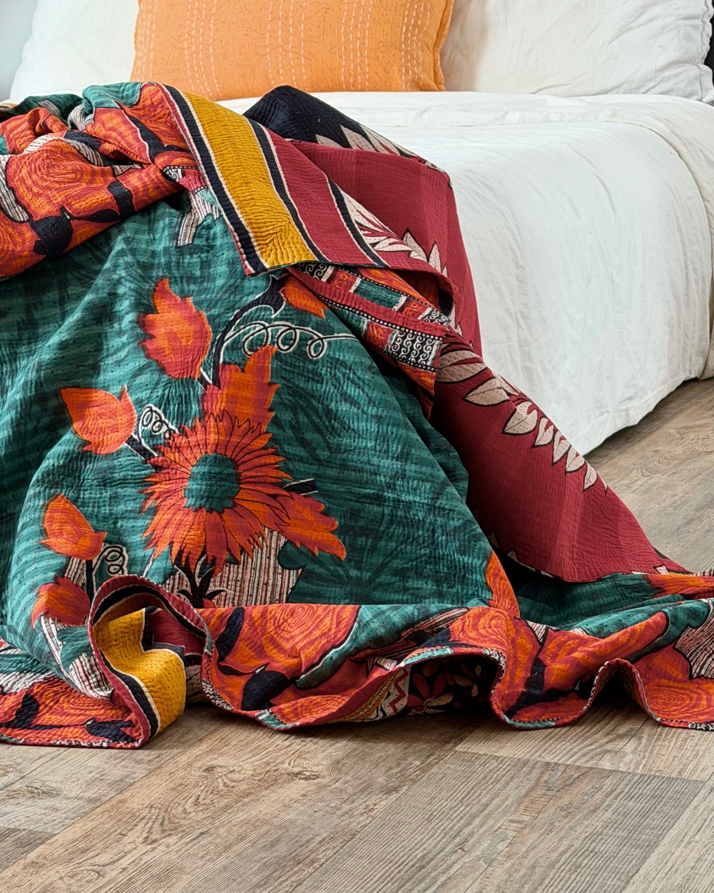 Extra Large Fine Stitched Vintage Kantha Quilt in Red, Navy and Green - Biggs & Hill
