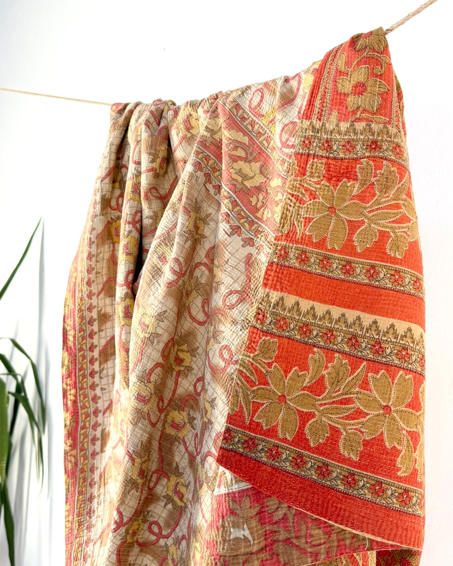Large Fine Stitched Vintage Kantha Quilt in Orange and Beige - Biggs & Hill
