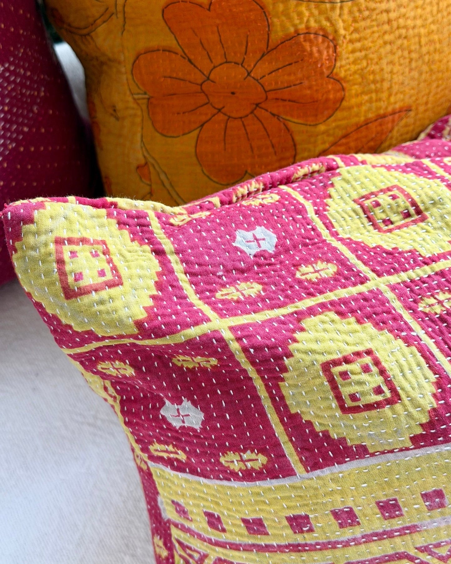 Vintage Kantha Cushion Cover In Lime Green and Pink - Small Rectangular - Biggs & Hill