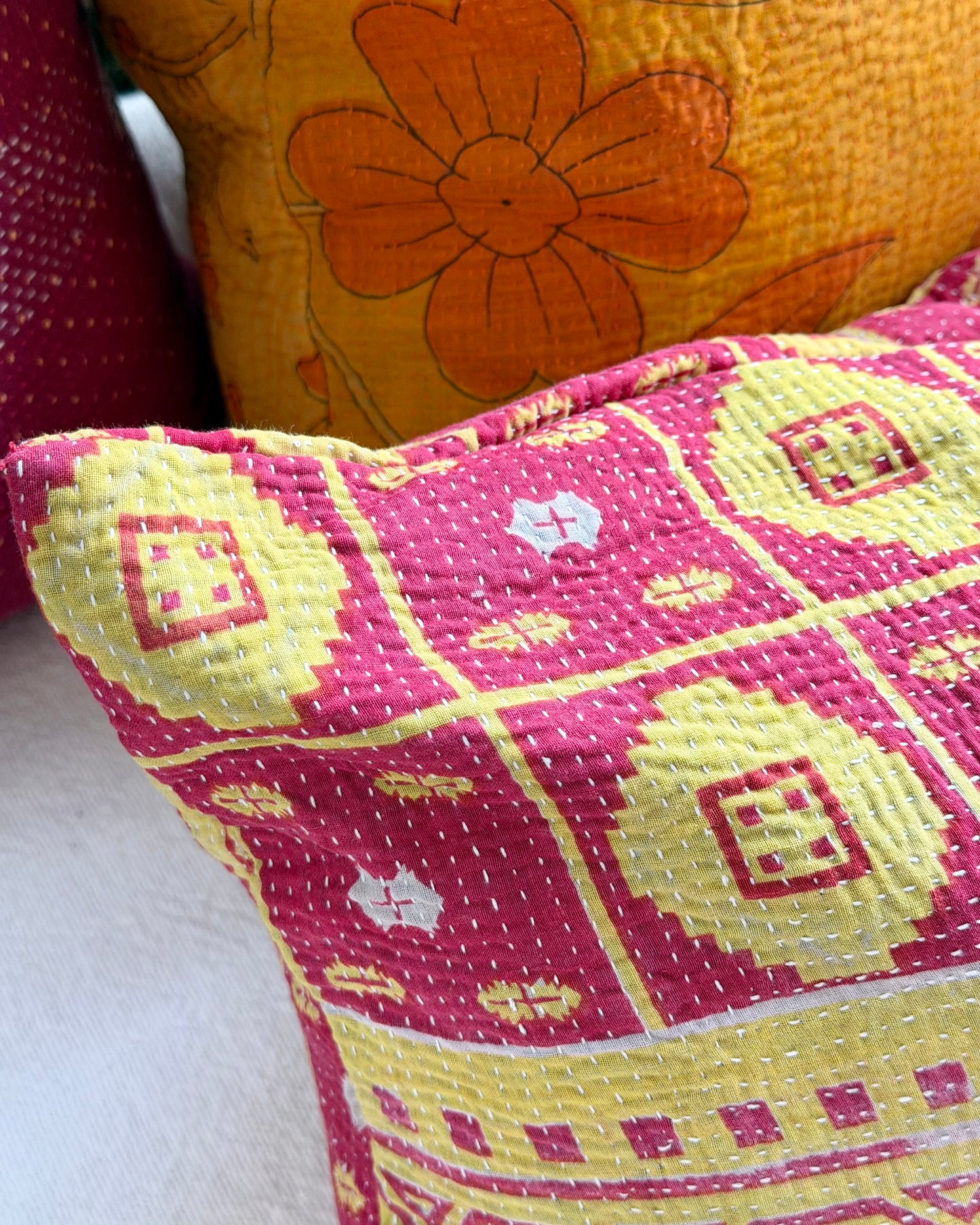 Vintage Kantha Cushion In Lime Green and Pink - Small Rectangular