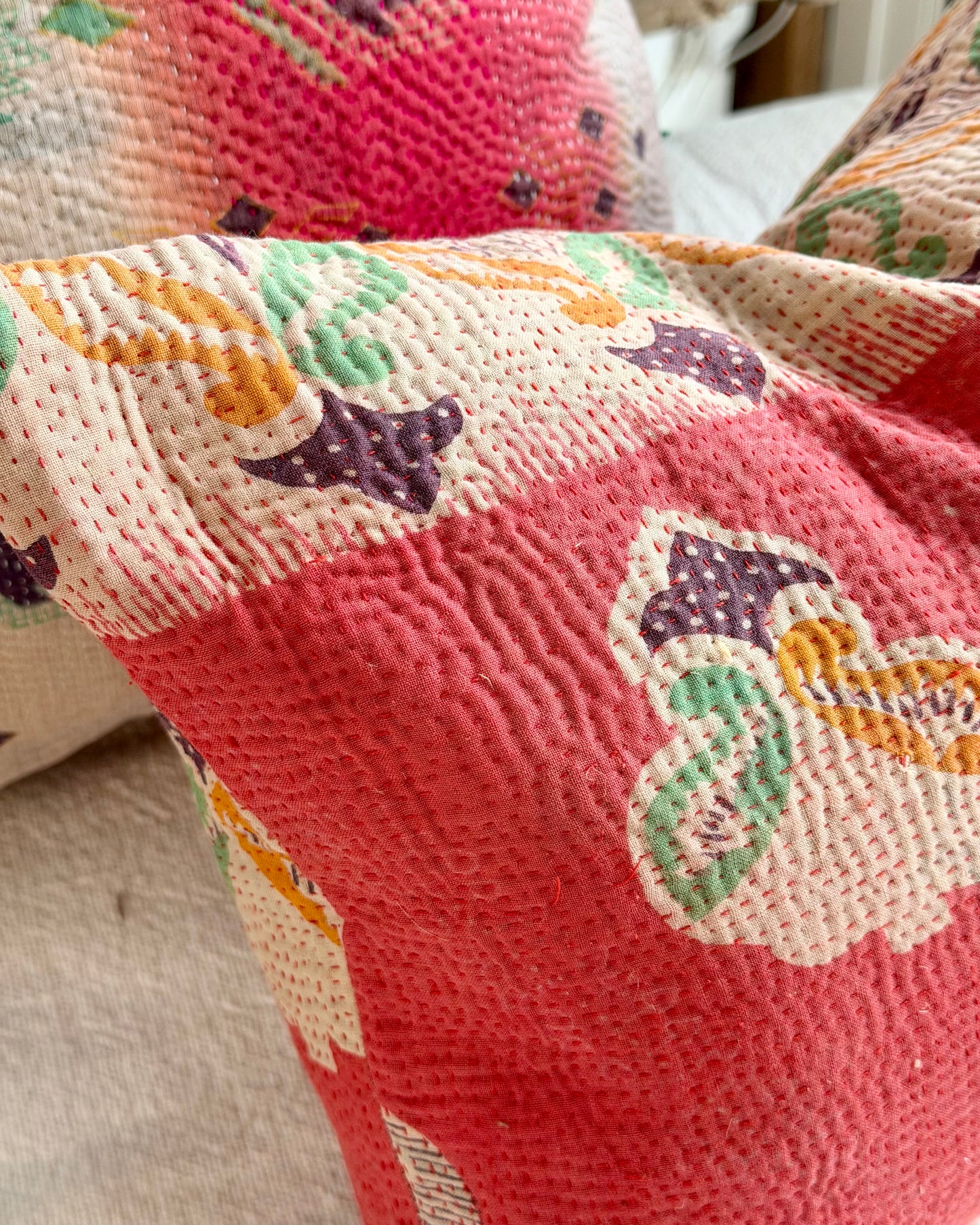Vintage Kantha Cushion In Pink Floral - Small Rectangular