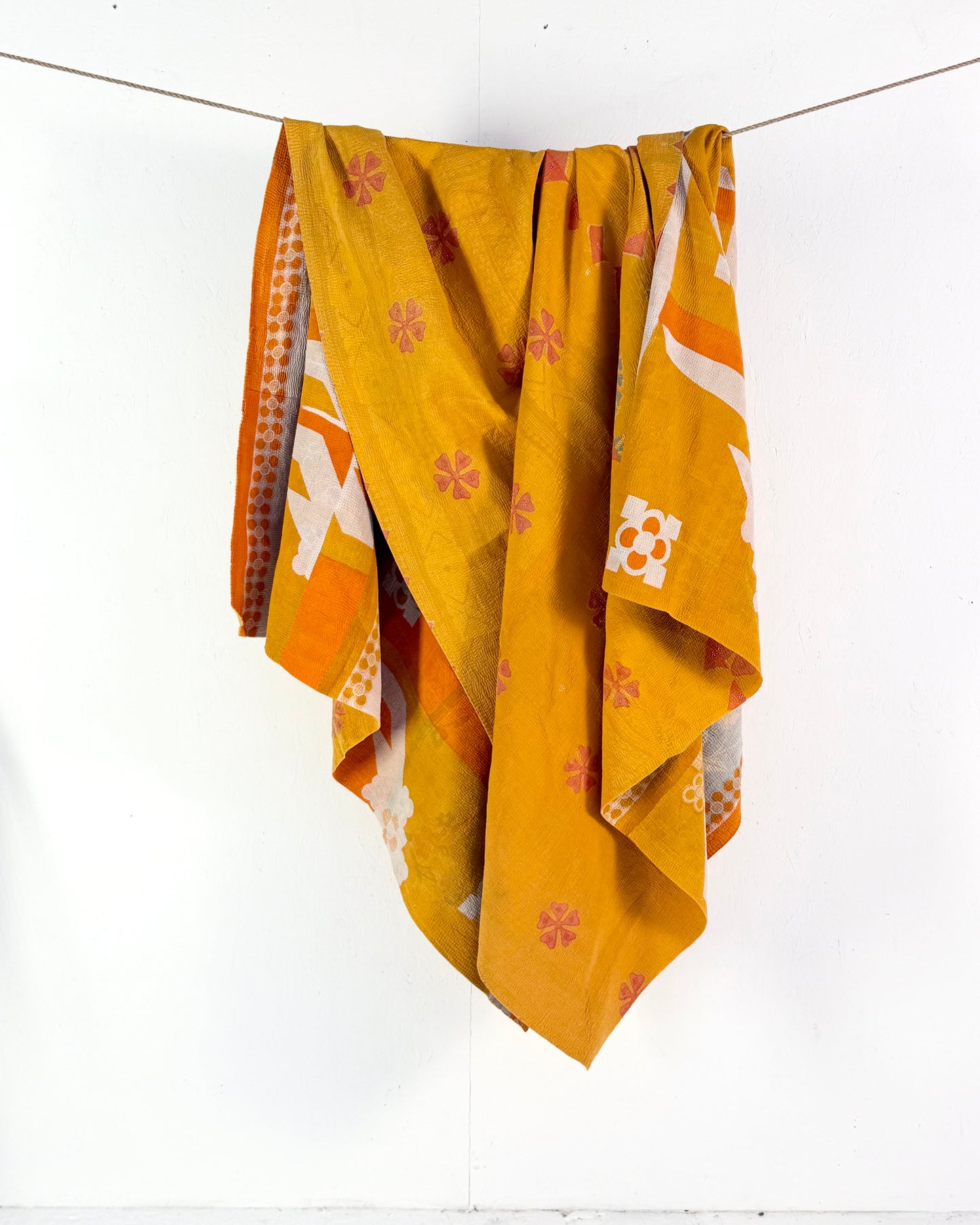 Extra Large Fine Stitched Vintage Kantha Quilt in Geometric Yellow and Orange