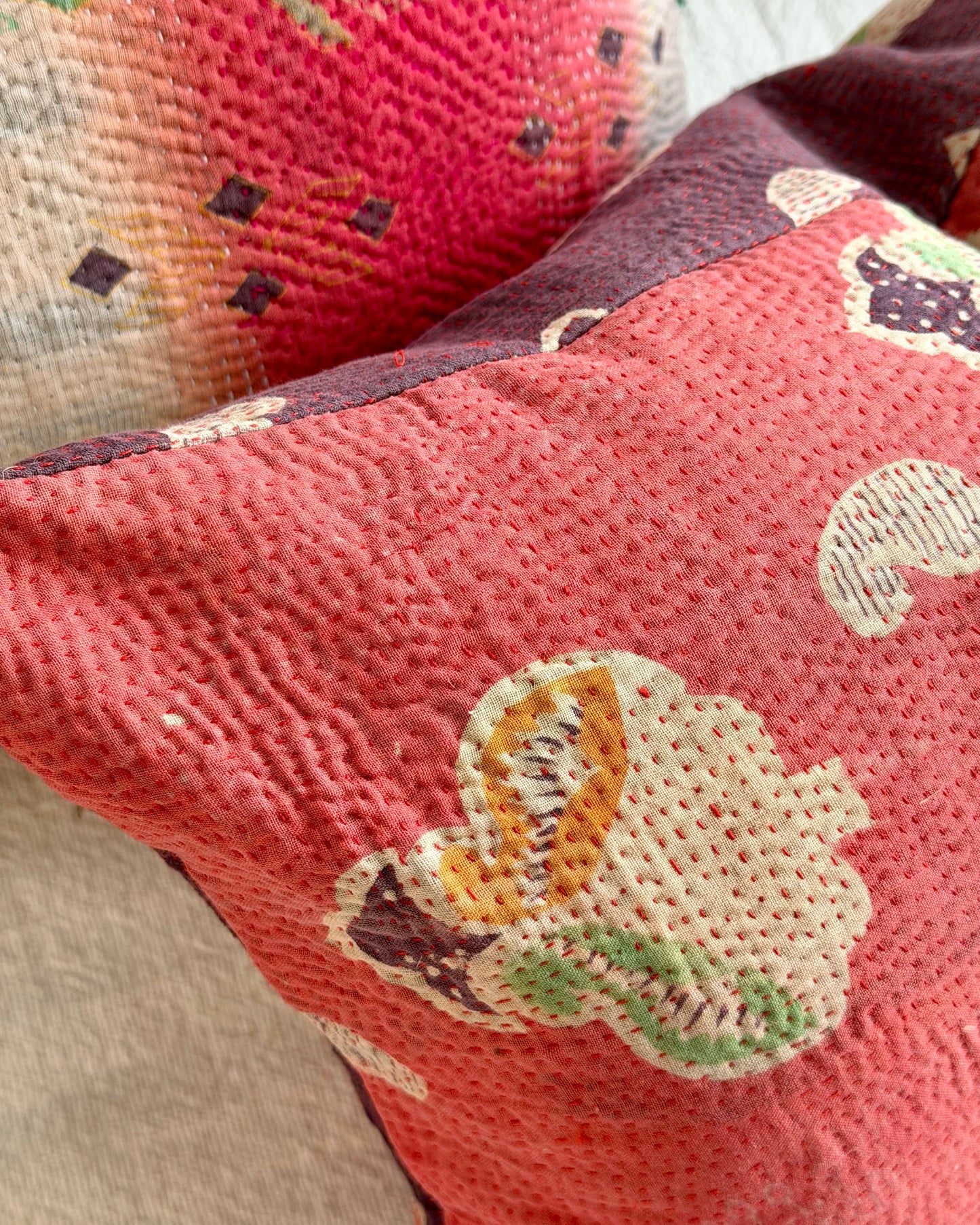 Vintage Kantha Cushion In Pink and Purple Floral - Small Rectangular