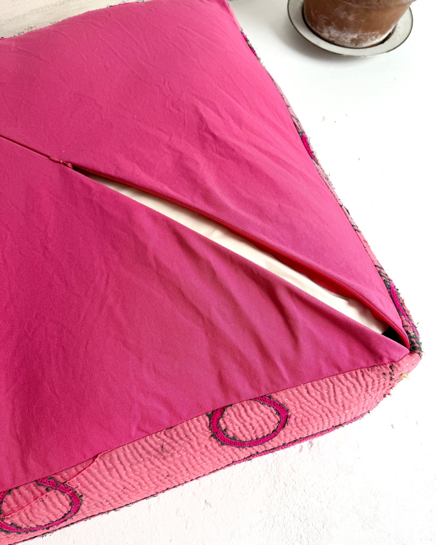 Large Square Kantha Floor Cushion Cover With Pink Circles