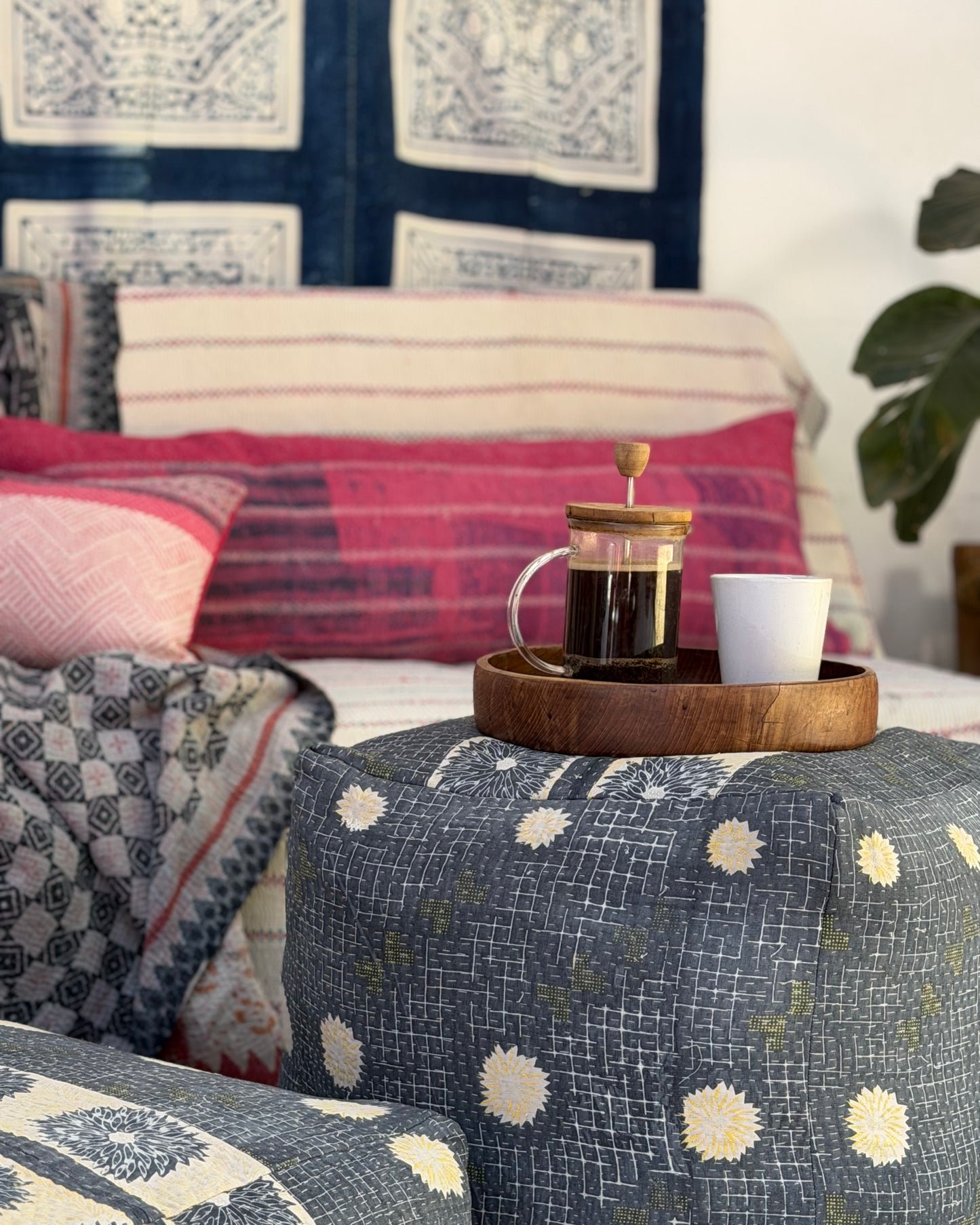 Vintage Kantha Bolster Cushion Cover In Pink With Embroidered Stripes - 80cm