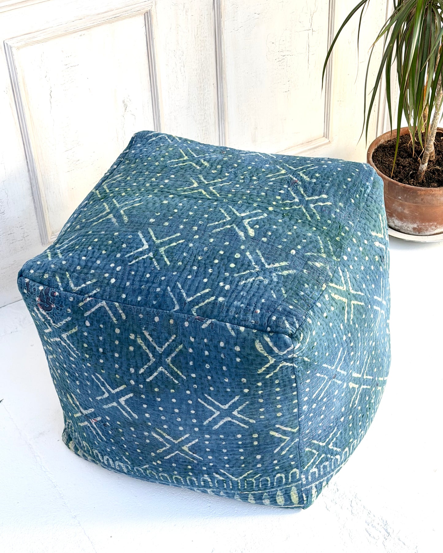 Cube Kantha Pouf Cushion Cover With Indigo Block Print