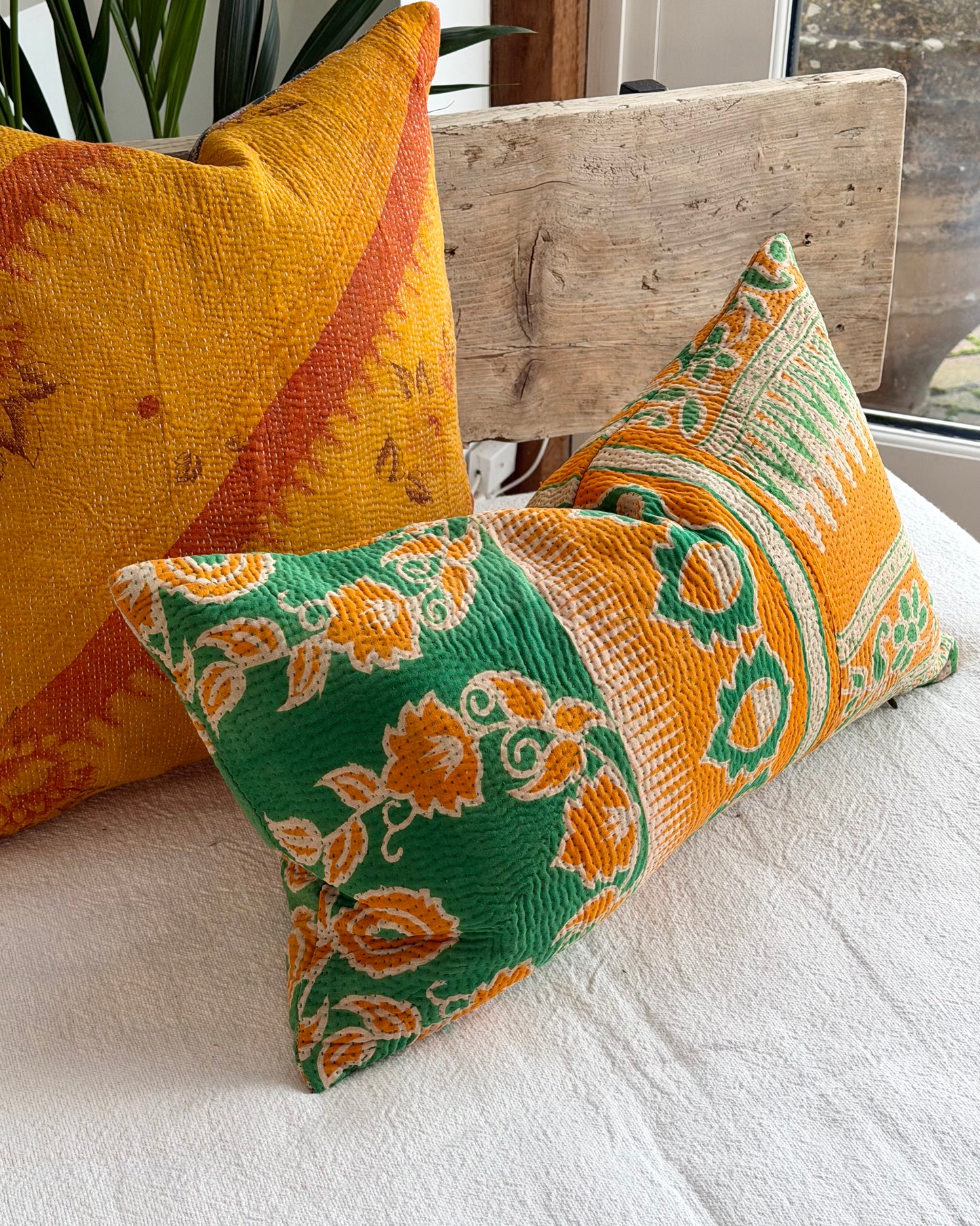 Vintage Kantha Cushion In Green and Orange - Small Rectangular