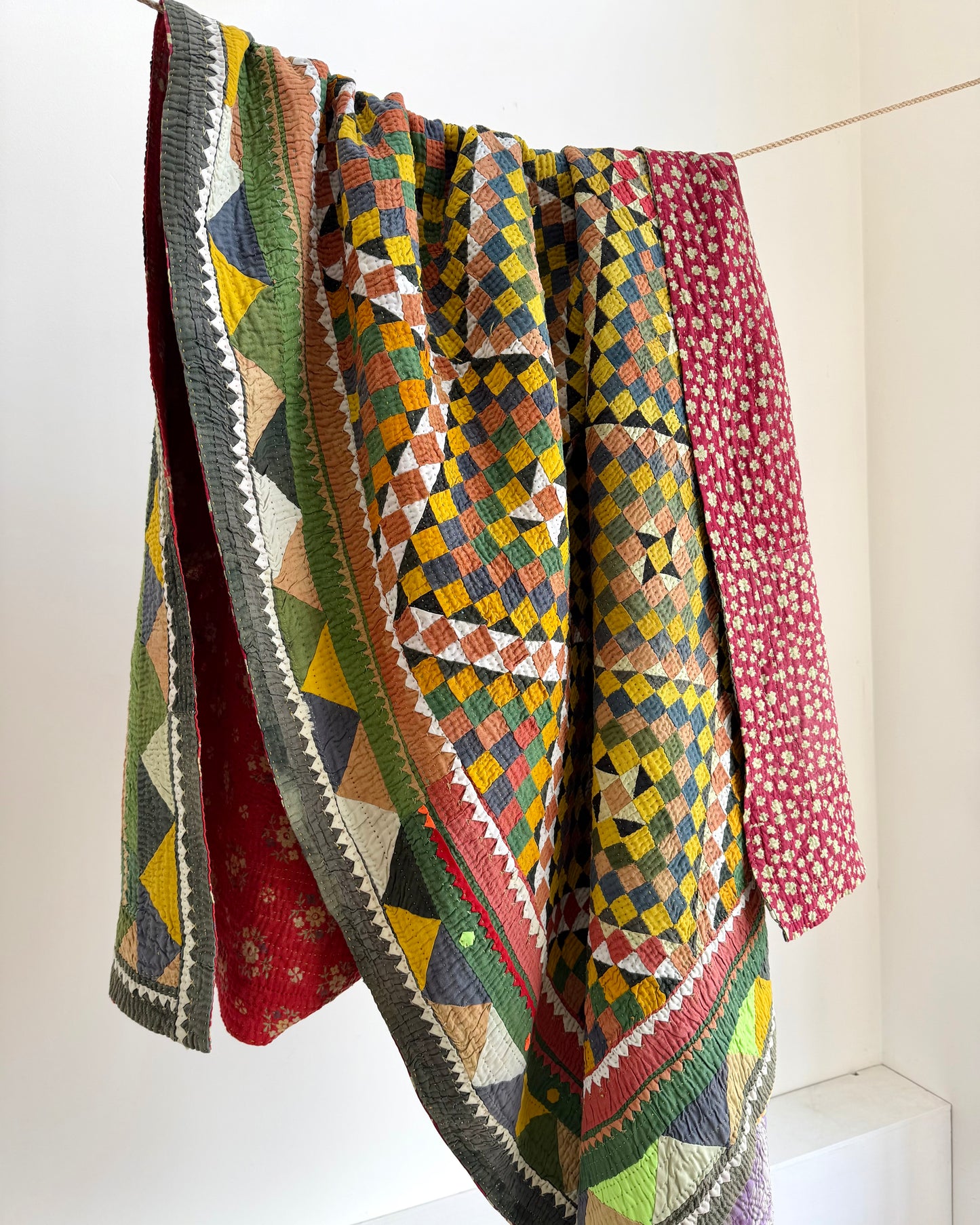 Vintage Embroidered Patchwork Ralli Quilt in Shades of Green