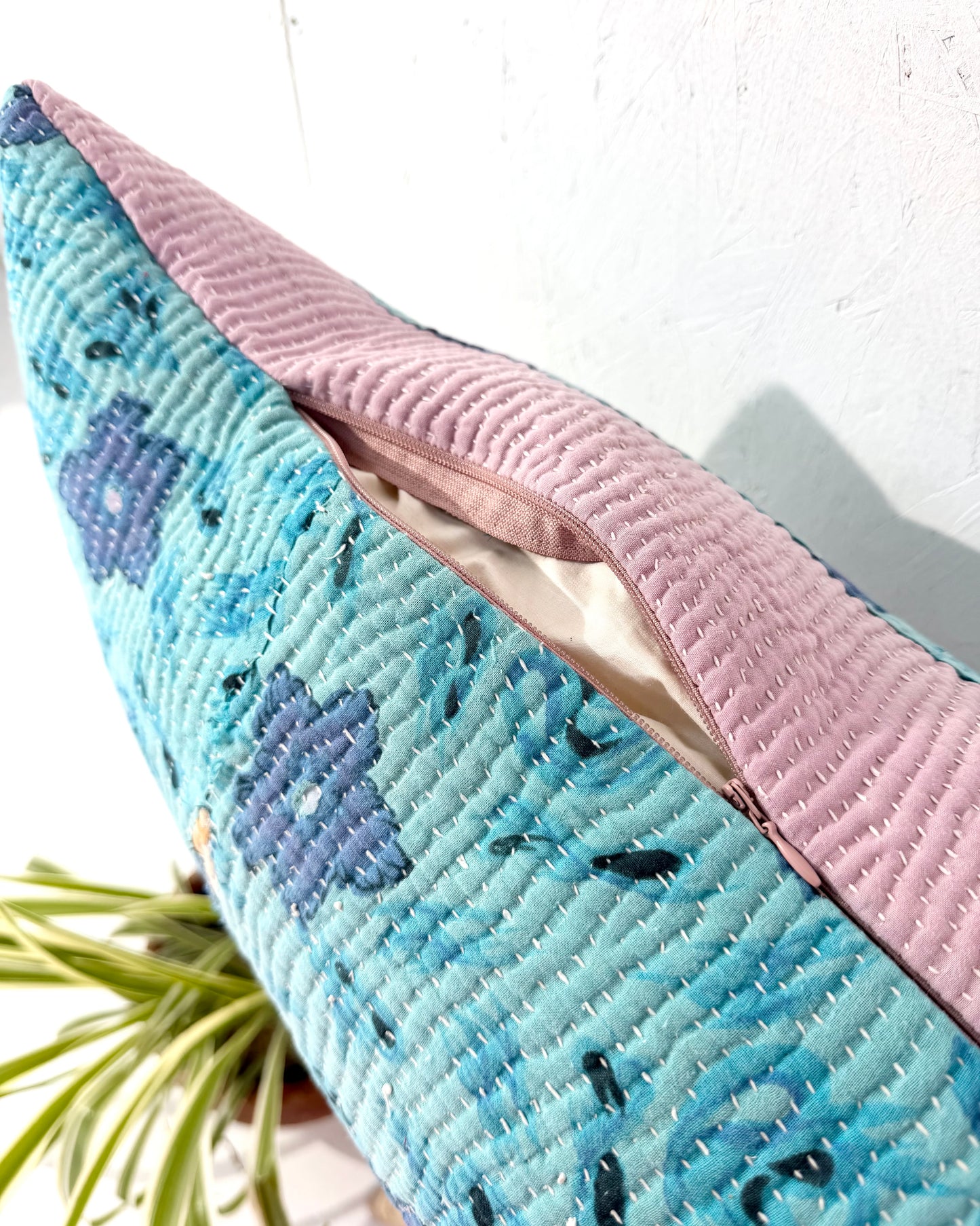 Vintage Kantha Bolster Cushion Cover In Patchwork Blue and Yellow - 100cm