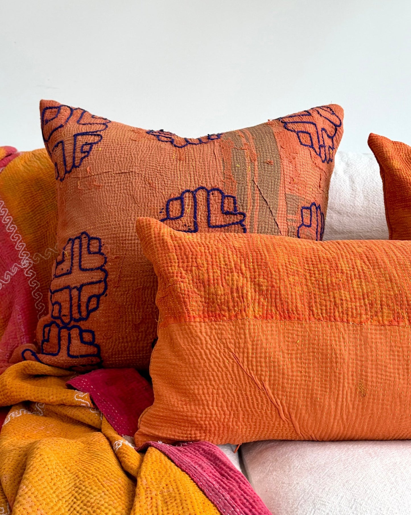 Vintage Kantha Bolster Cushion In Orange 02 - Biggs & Hill
