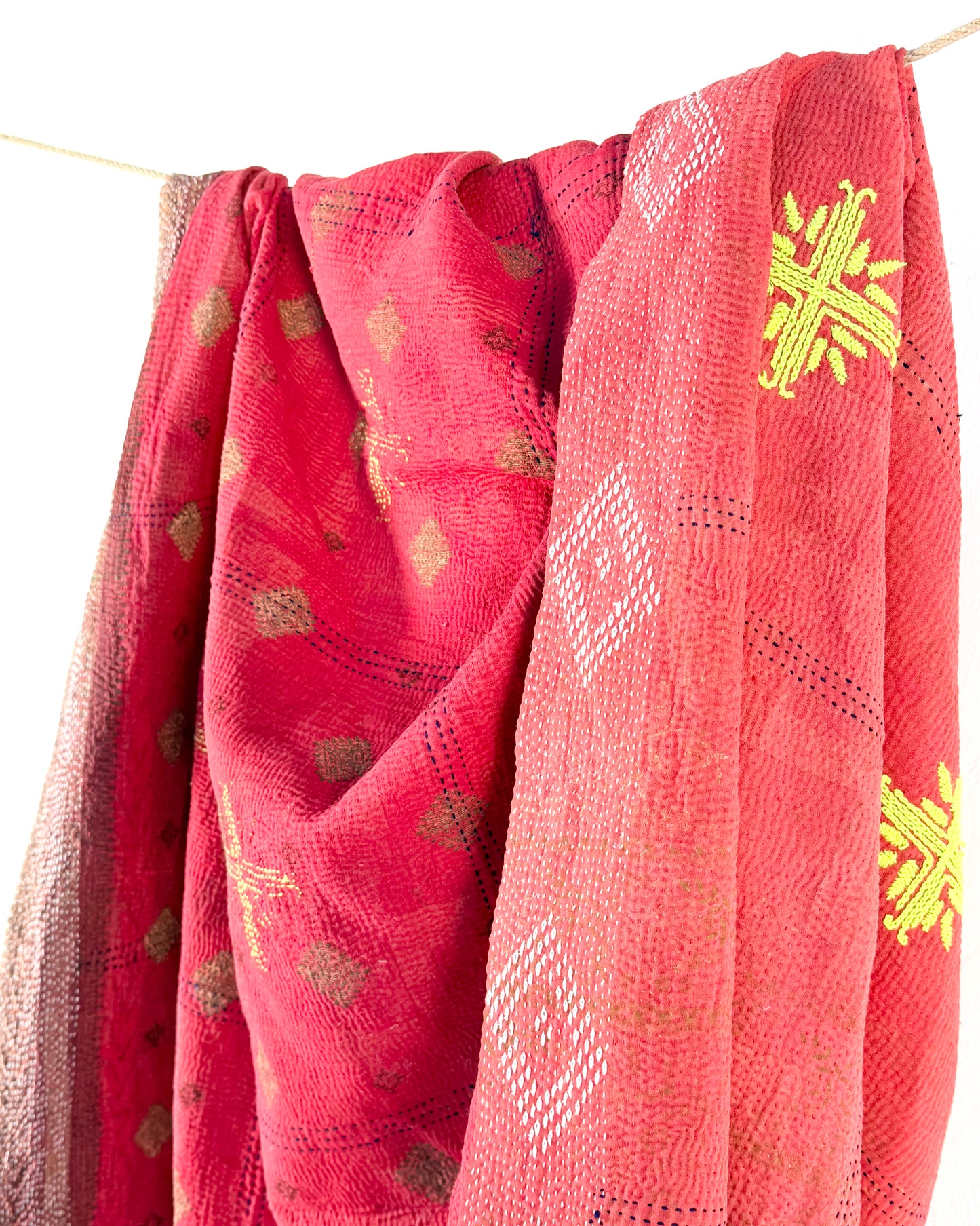 Large Embroidered Vintage Kantha Quilt in Red with Neon Embroidery