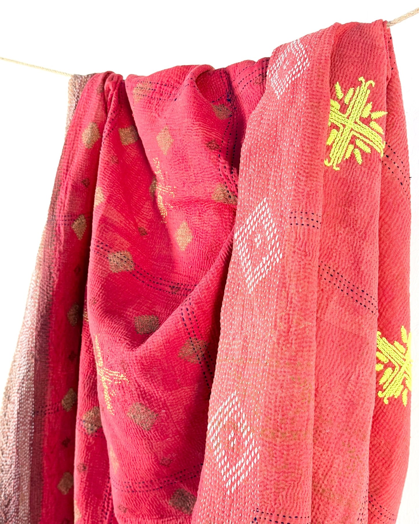 Large Embroidered Vintage Kantha Quilt in Red with Neon Embroidery - Biggs & Hill