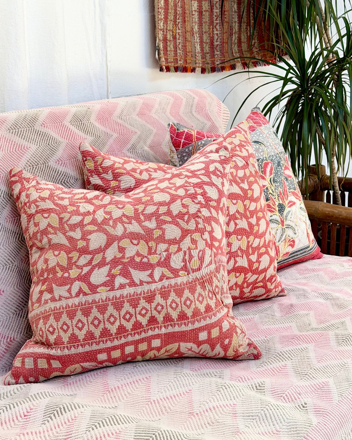 Handmade Vintage Kantha Cushion Cover In Pink Floral - 45cm (18") - Biggs & Hill