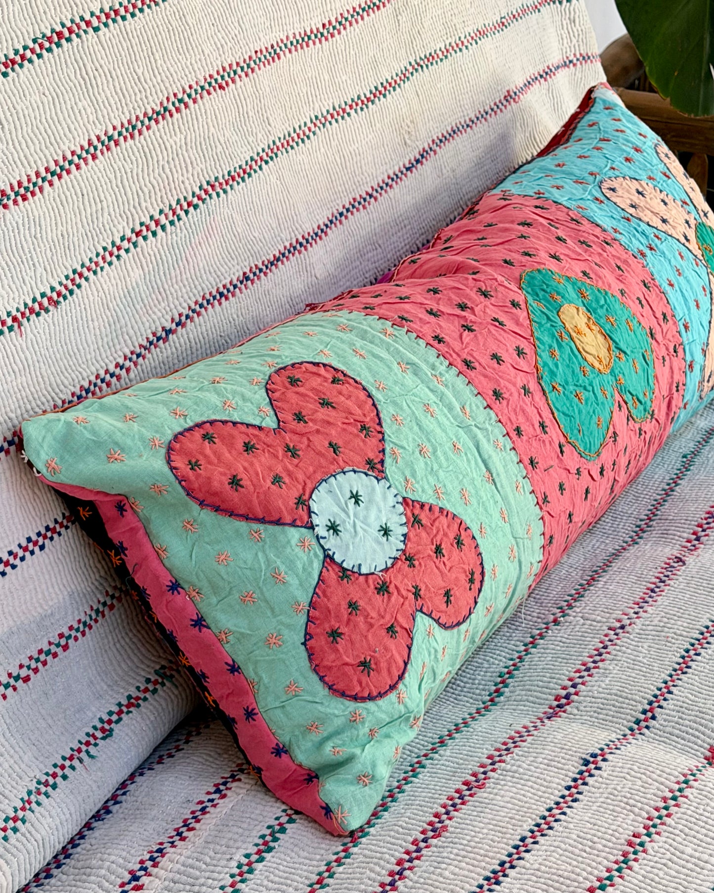 Vintage Kantha Bolster Cushion Cover In Flower Patchwork - 80cm
