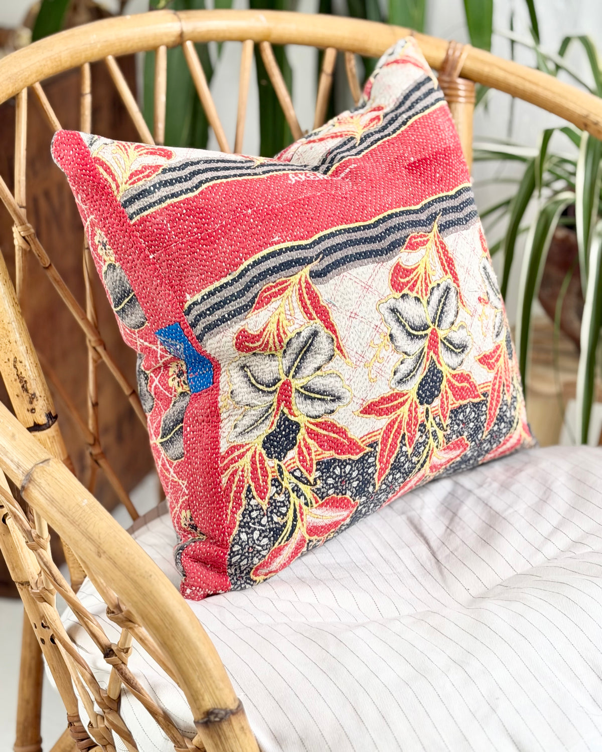 Handmade Vintage Kantha Cushion Cover In Red and Blue - 45cm (18") Square