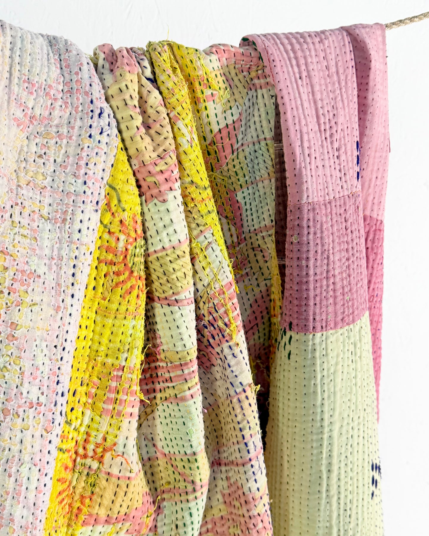 Project Kantha Quilt: Pink, Yellow and Green Patchwork With Authentic Aged Texture