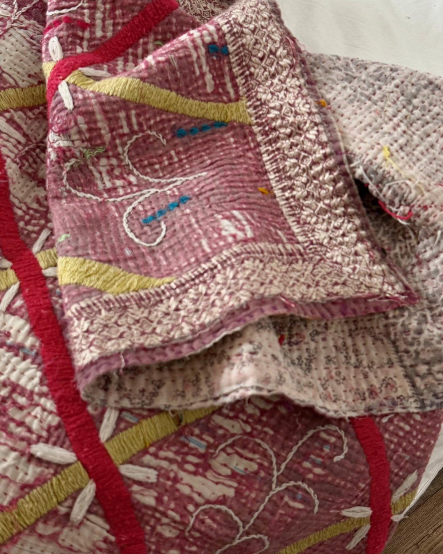 Embroidered Vintage Kantha Quilt in White and Pink - Biggs & Hill