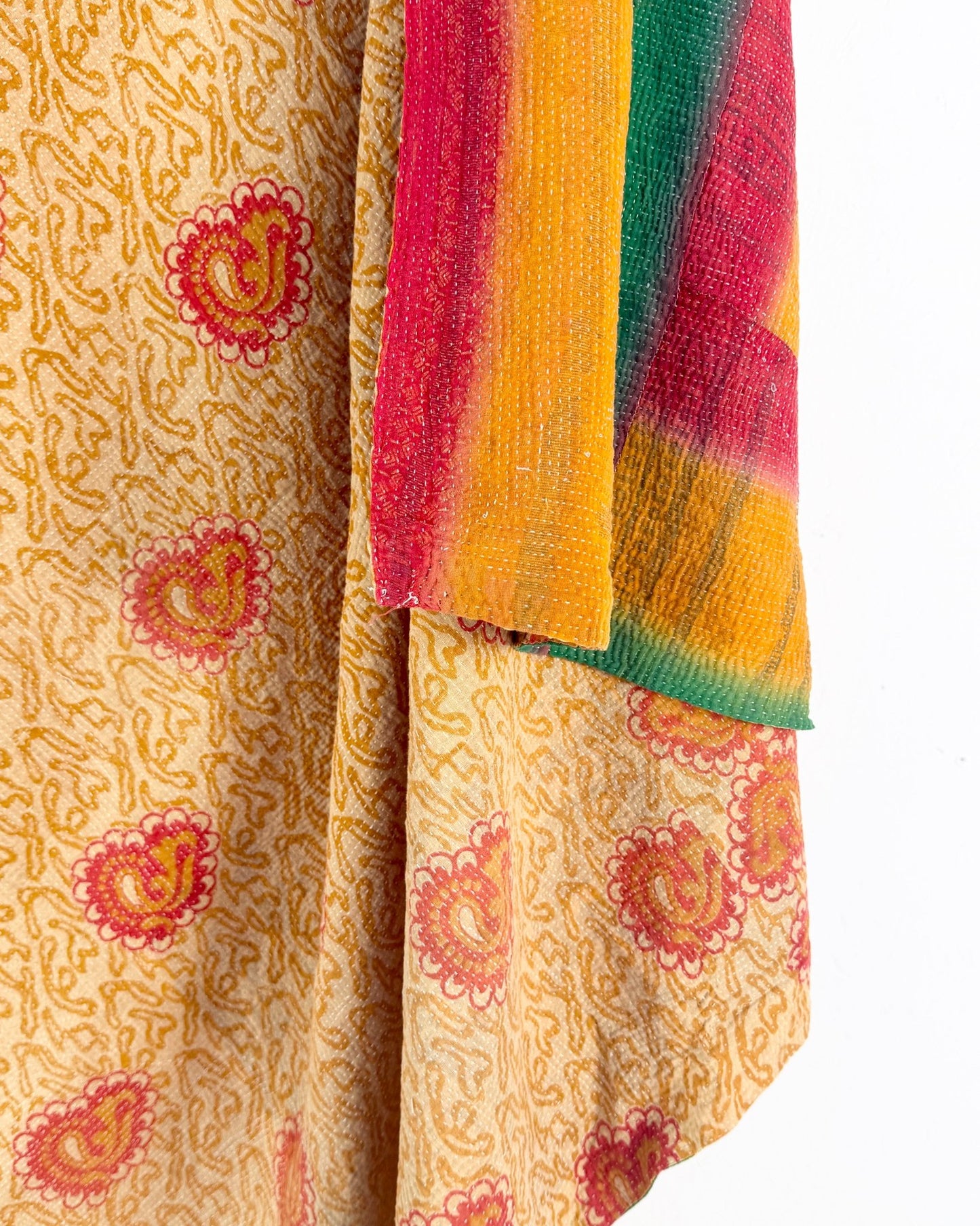 Extra Large Fine Stitched Vintage Kantha Quilt in Beige, Red and Green - Biggs & Hill