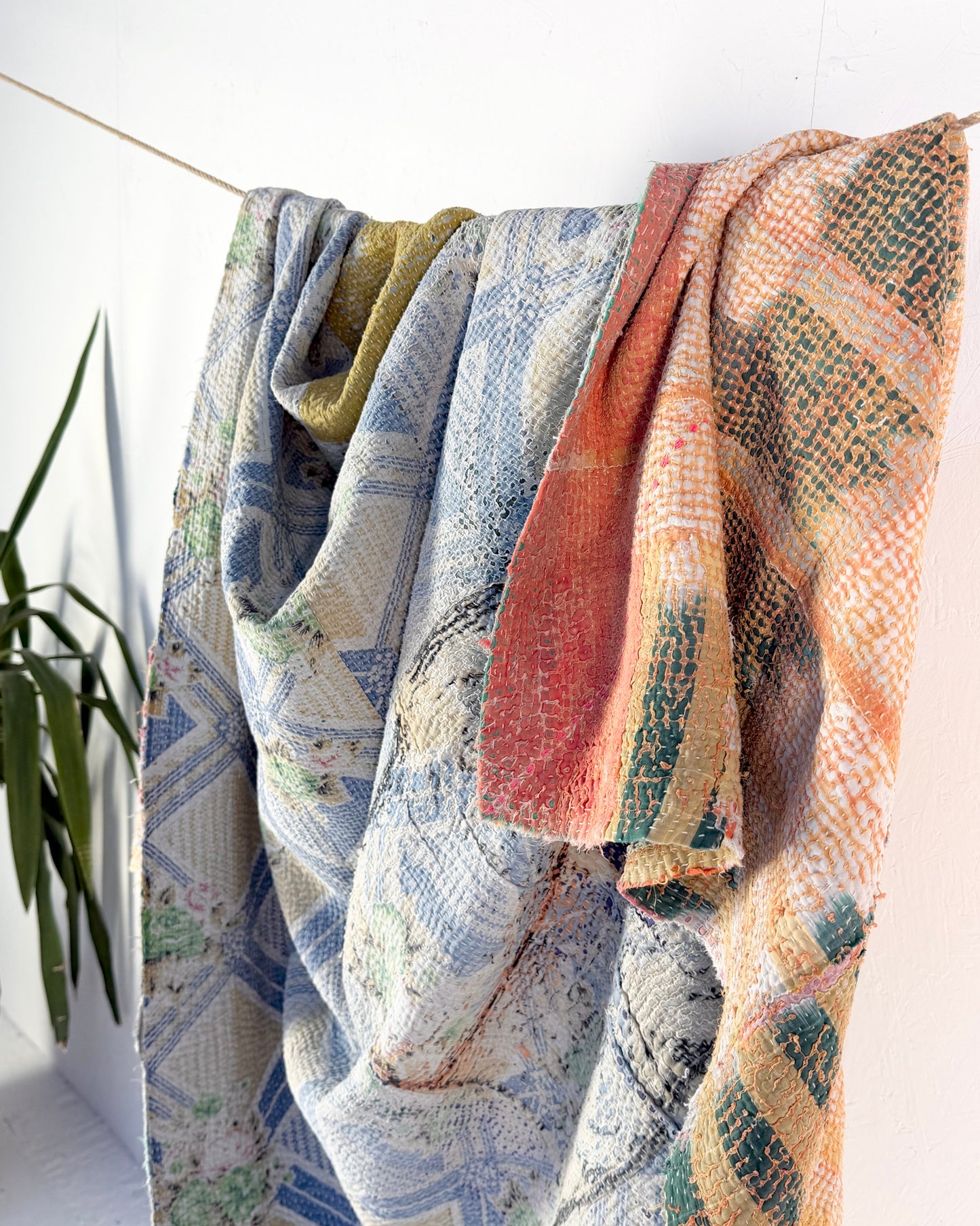 Large Textured Vintage Kantha Quilt in Pastel Pink and Blue