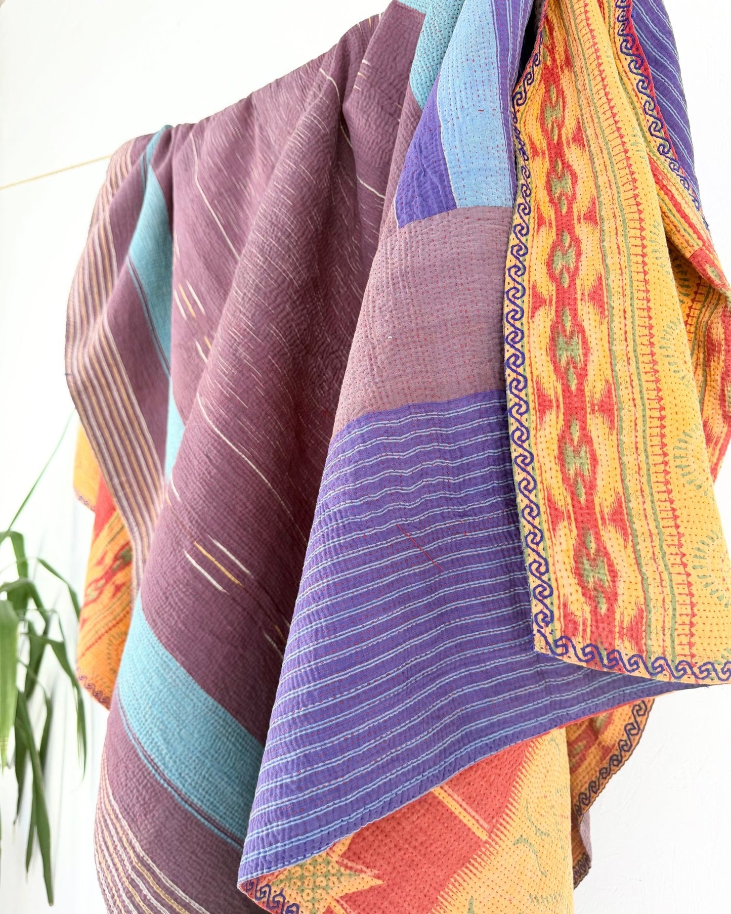 Extra Large Fine Stitched Vintage Kantha Quilt in Mustard Yellow, Red and Blue - Biggs & Hill