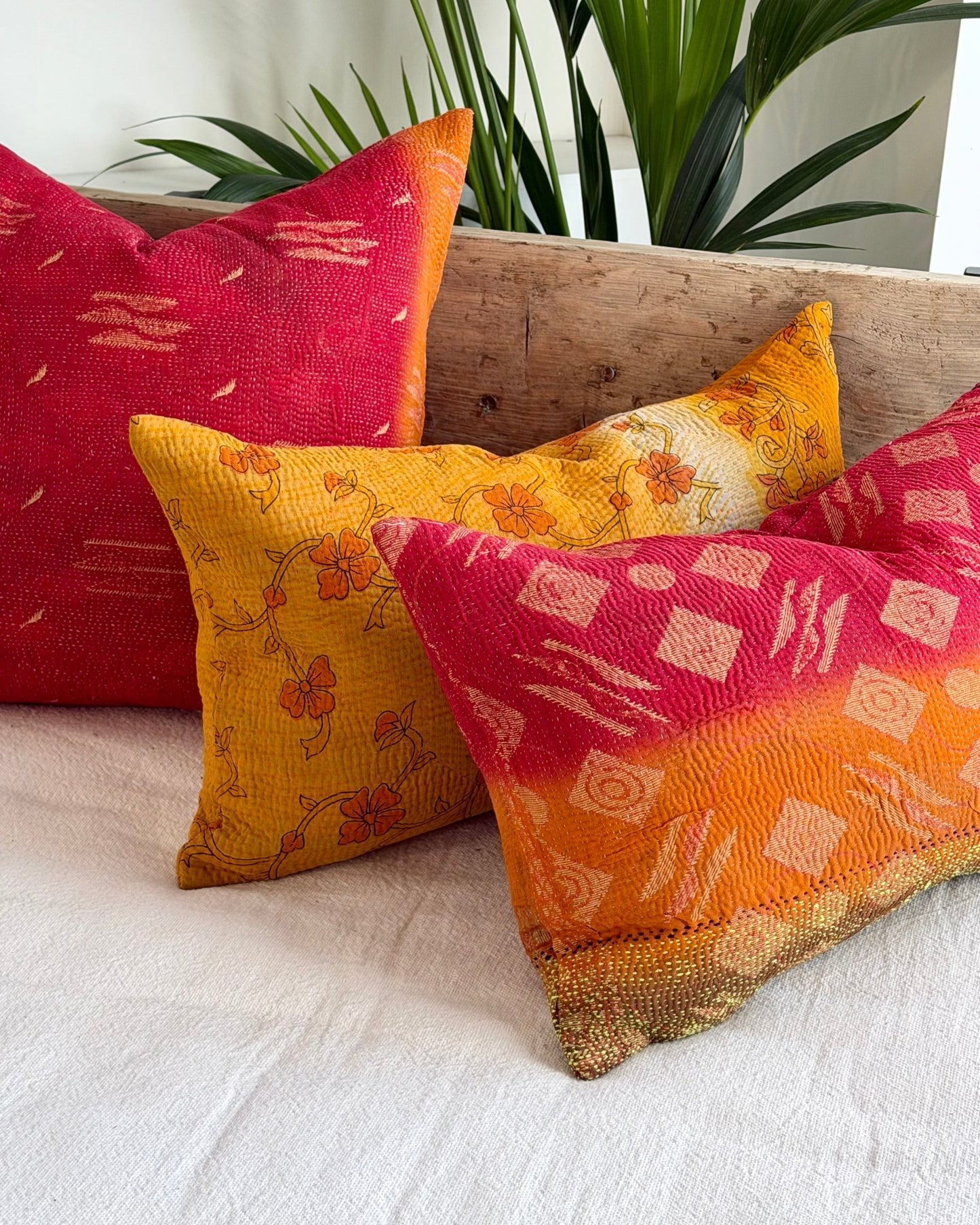Vintage Kantha Cushion Cover In Red Orange and Green - Small Rectangular - Biggs & Hill