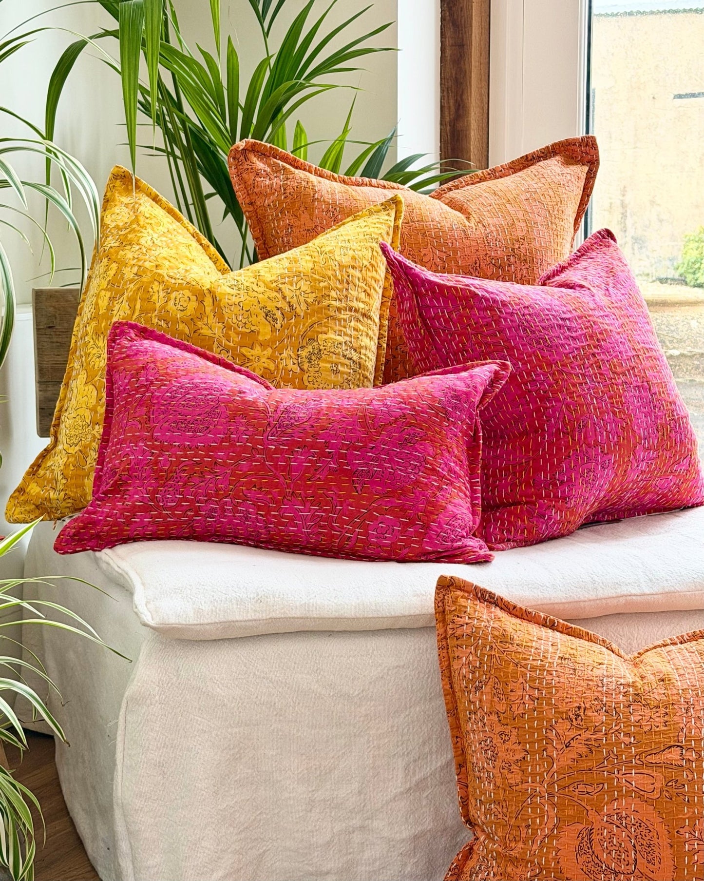 Sunset Orange Floral Block Printed Hand Stitched Square Kantha Cushion - Biggs & Hill