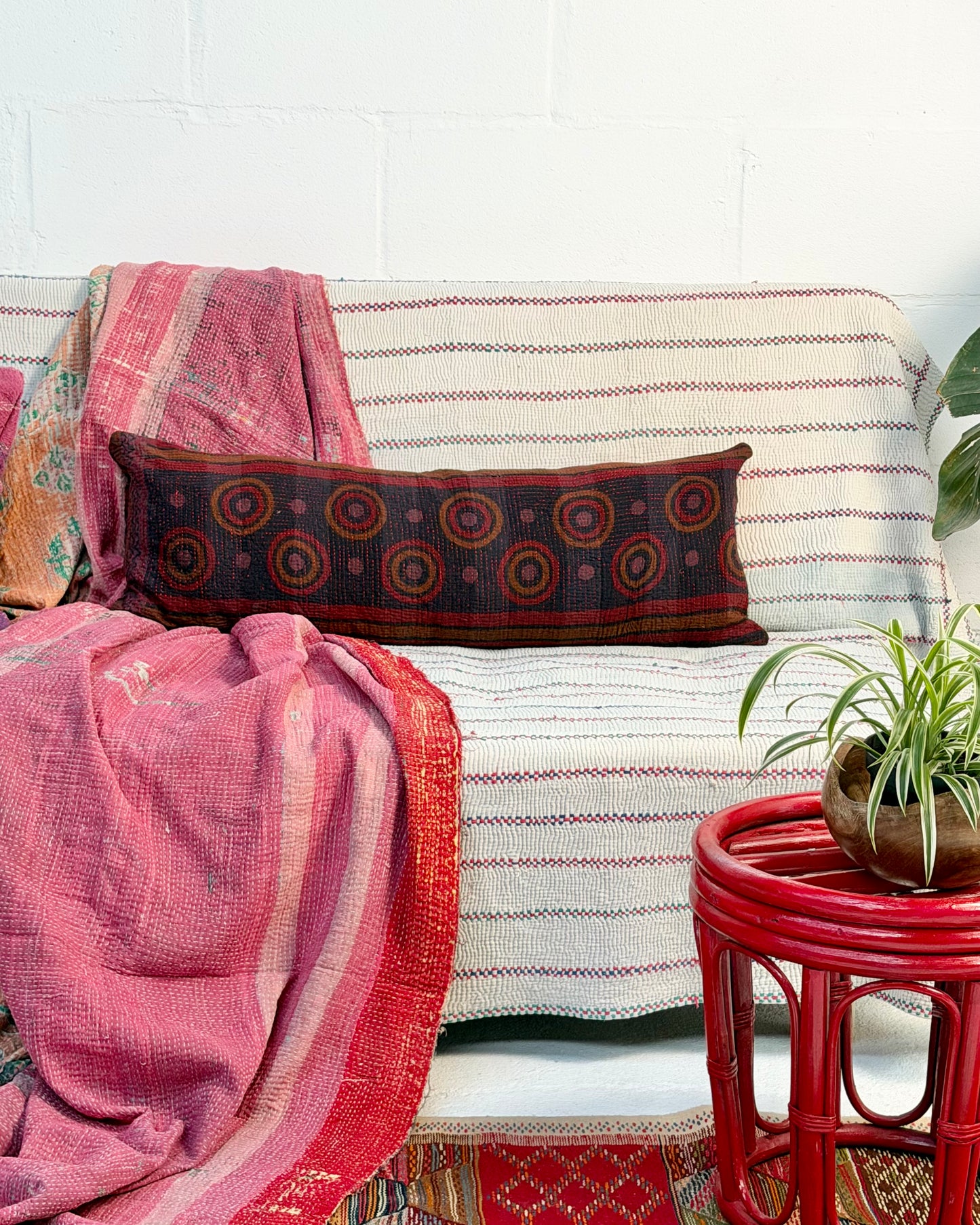 Vintage Kantha Bolster Cushion Cover In Deep Burgundy - 80cm