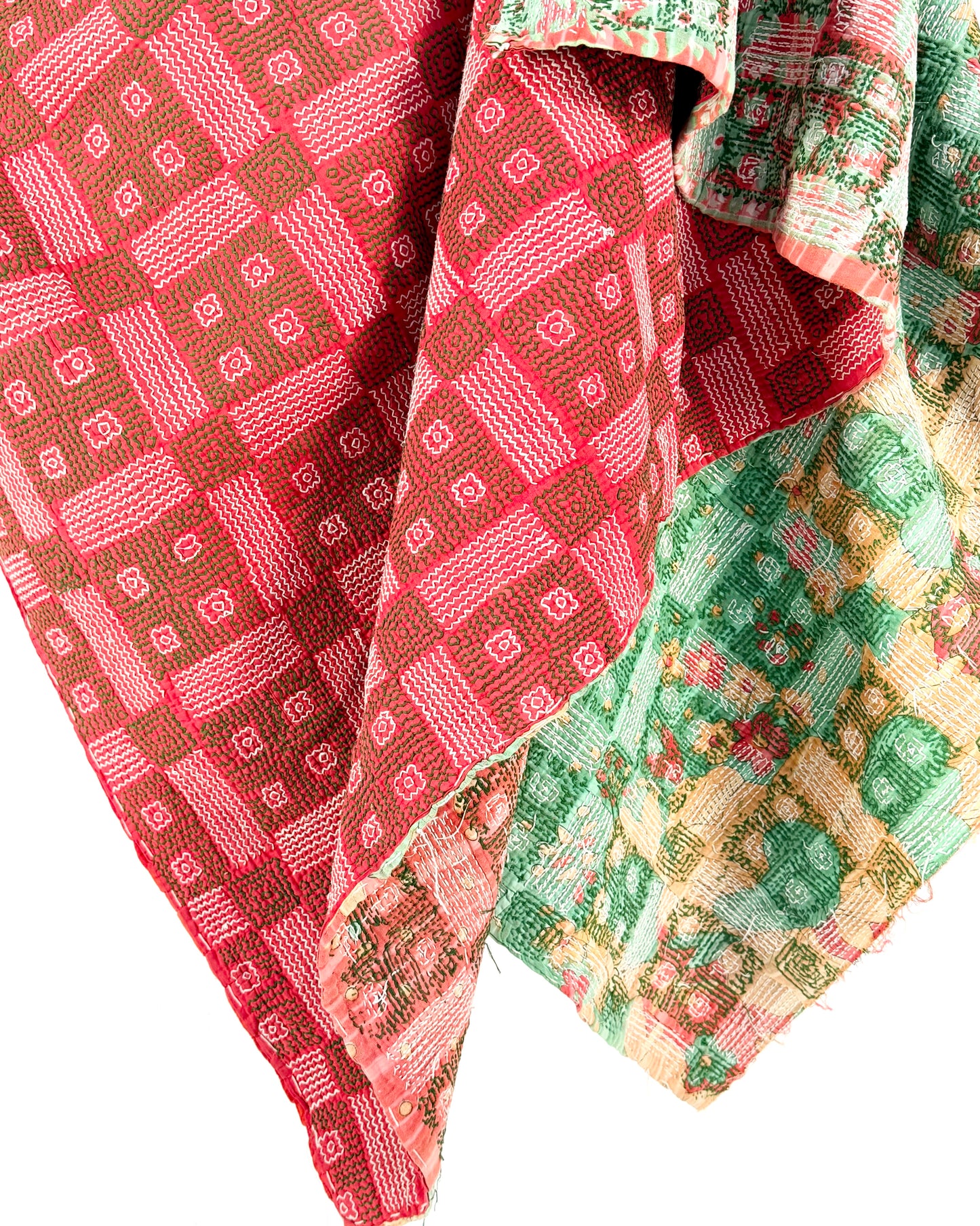Heavy Vintage Galicha Kantha Quilt In Pink and Green