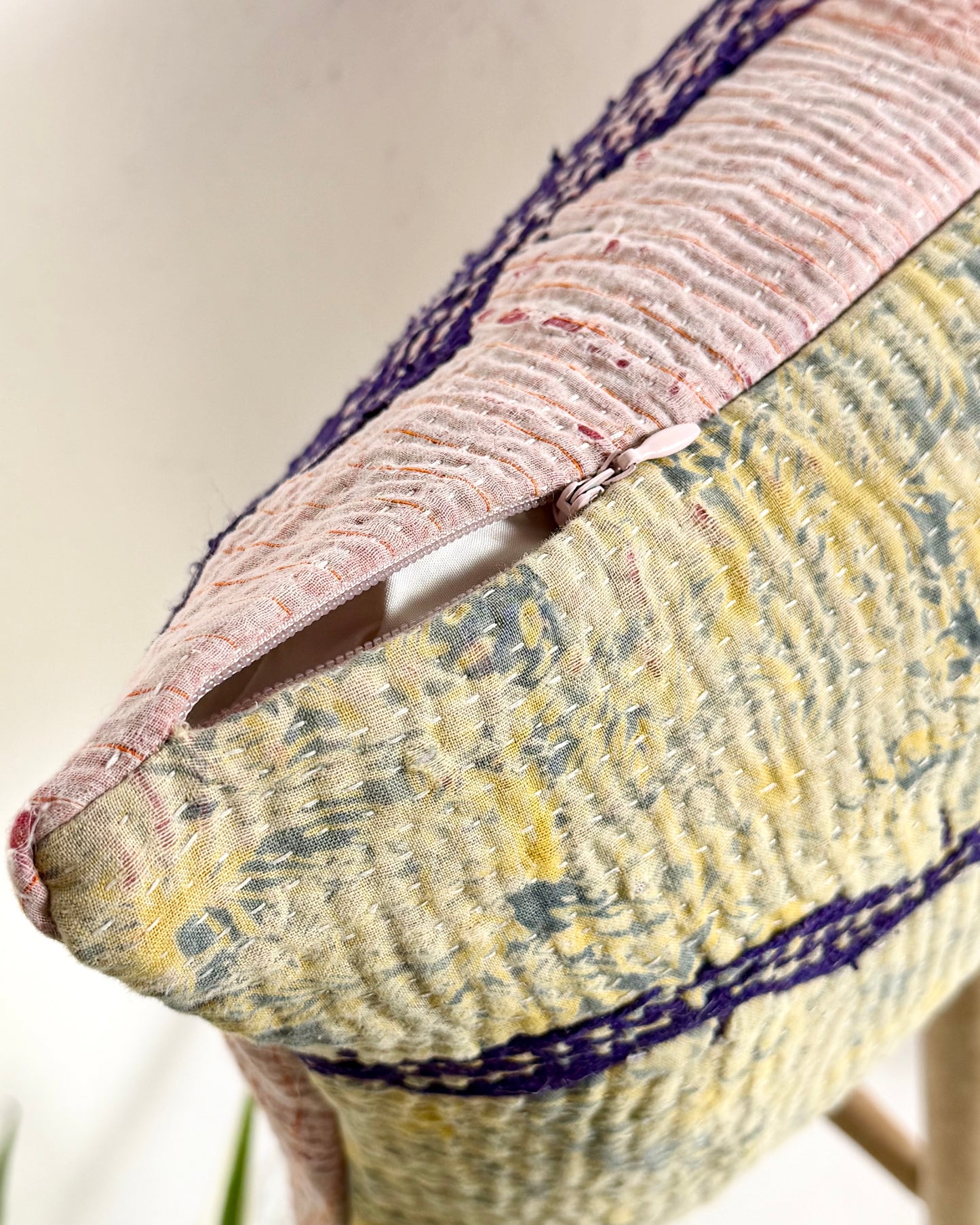 Vintage Kantha Bolster Cushion Cover In Green and Pink with Embroidery 30 x 80cm