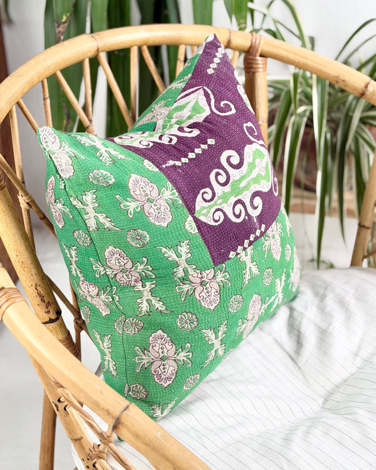 Handmade Vintage Kantha Cushion Cover In Green and Purple- 45cm (18") Square