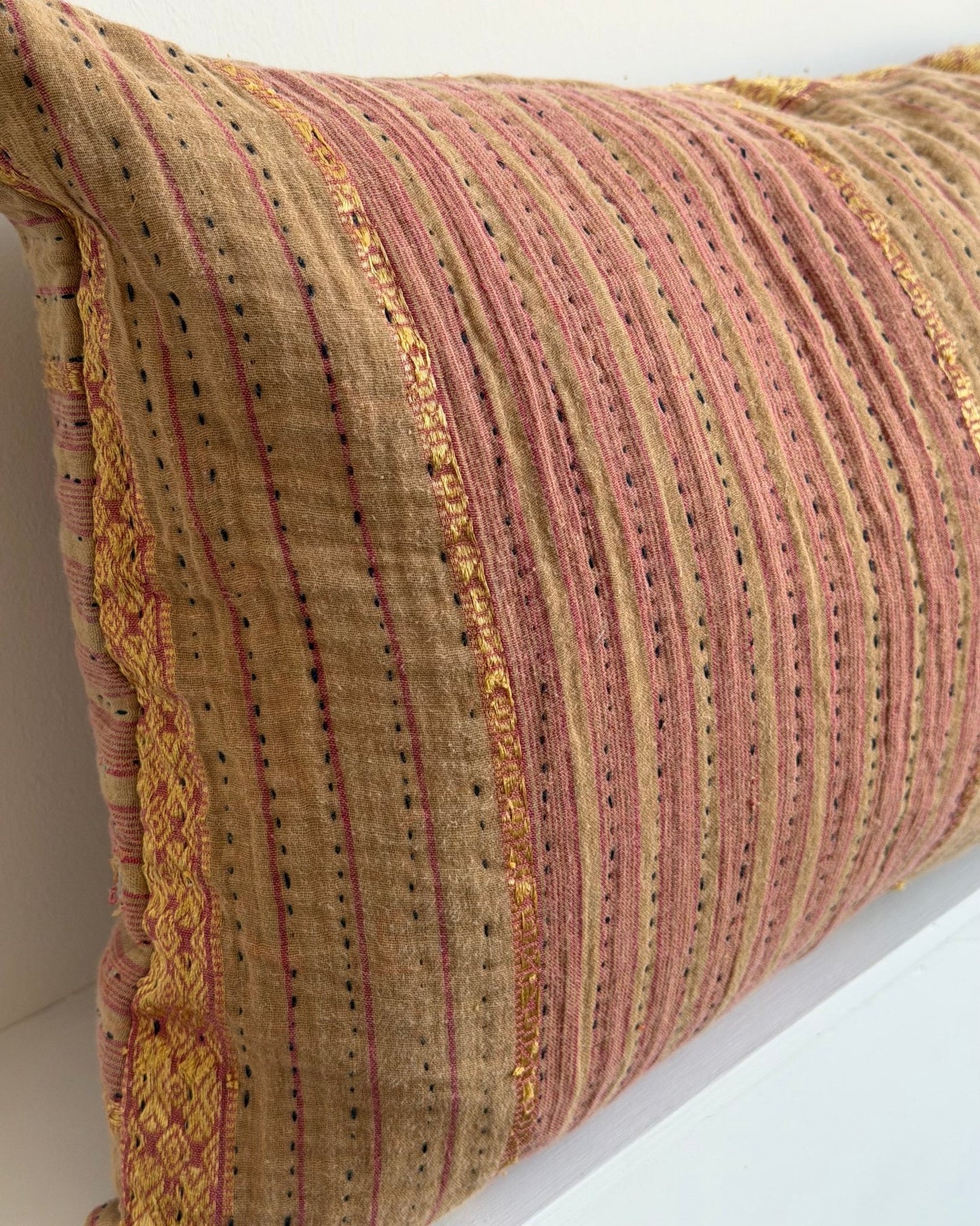 Vintage Kantha Bolster Cushion In Soft Pink and Gold - Biggs & Hill