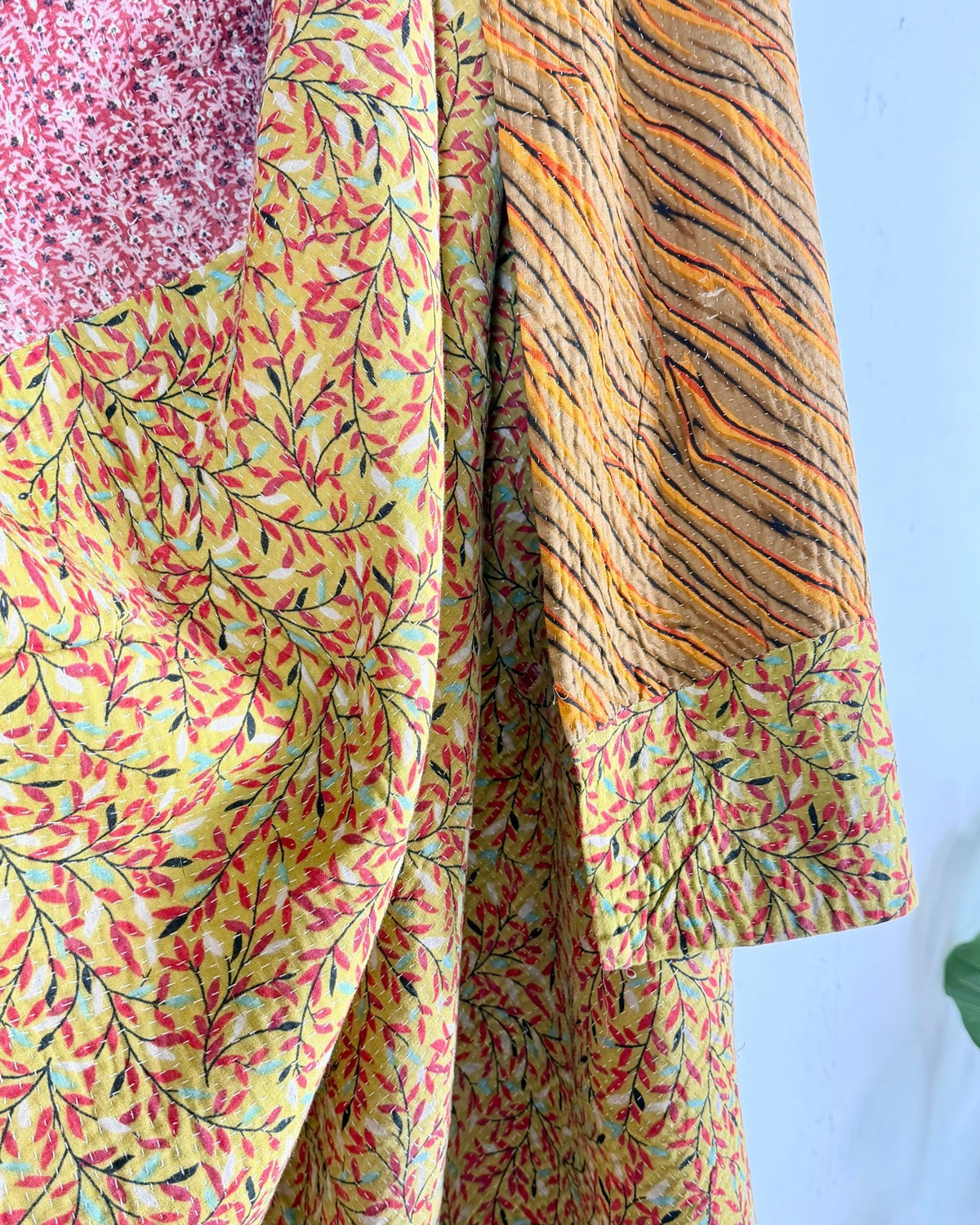 Fine Stitched Vintage Kantha Quilt in Pink, Yellow and Mustard - Biggs & Hill