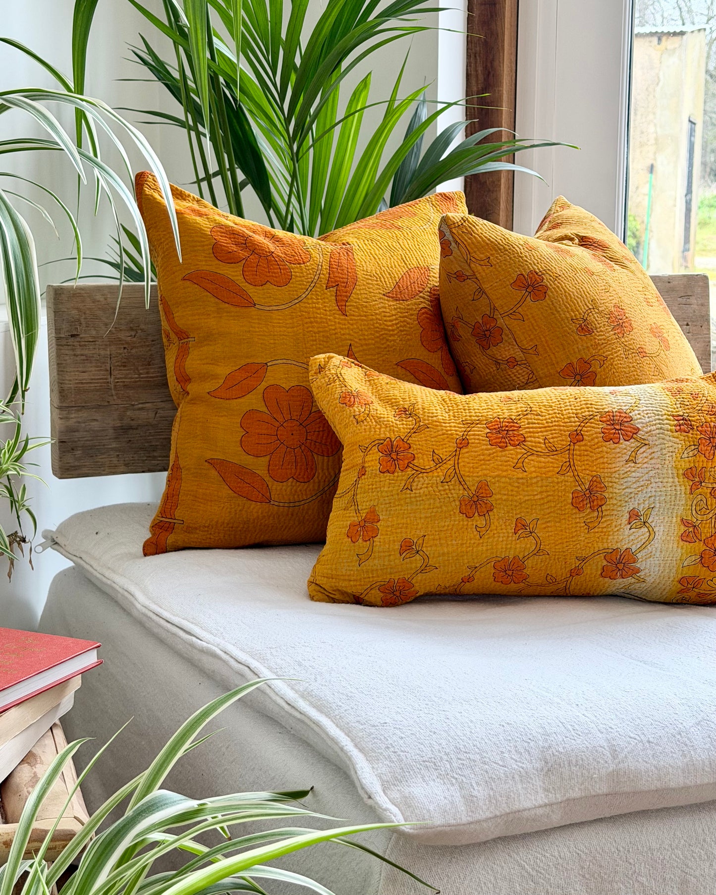 Vintage Kantha Cushion In Yellow Floral- Small Rectangular