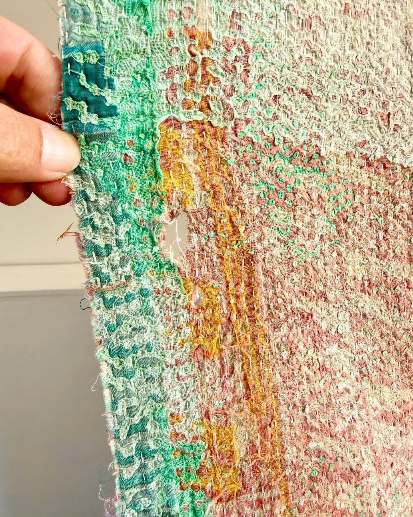 Project Kantha Quilt: Pink, Yellow and Green With Authentic Aged Texture - Biggs & Hill