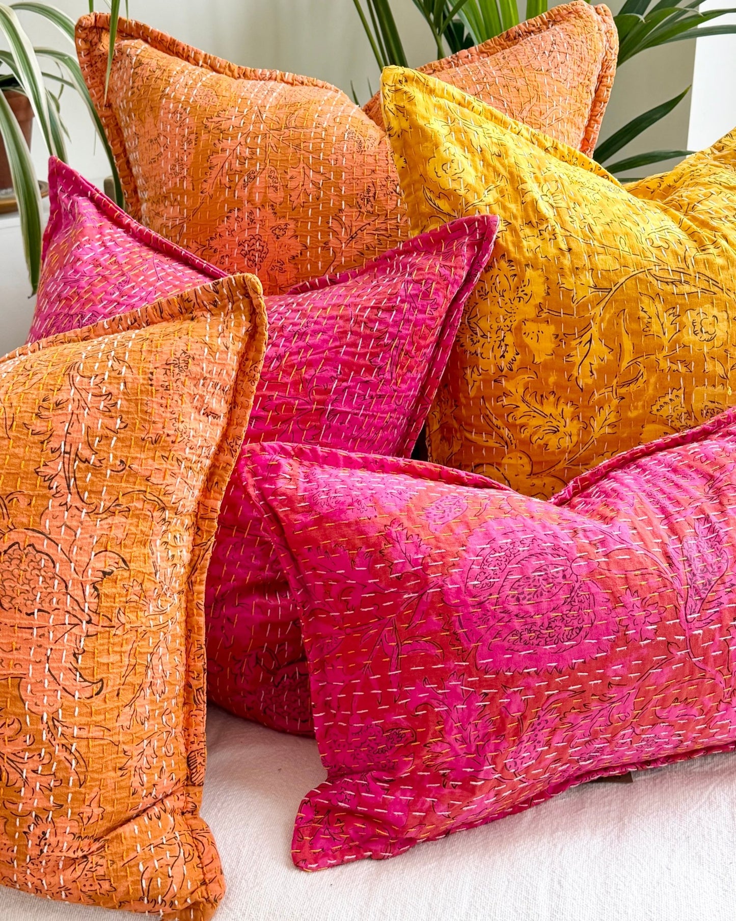 Pink Floral Block Printed Hand Stitched Square Kantha Cushion - Biggs & Hill