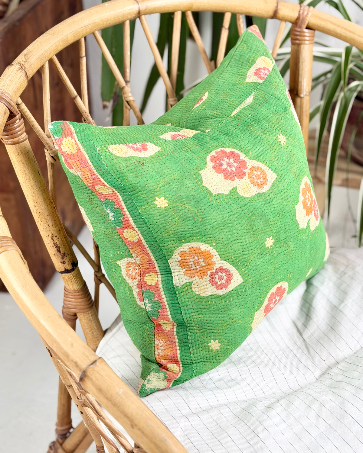 Handmade Vintage Kantha Cushion Cover In Green Floral - 45cm (18") Square