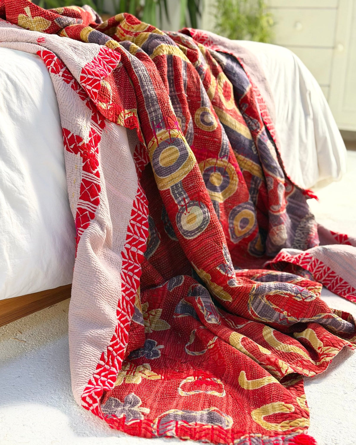Embroidered Vintage Kantha Quilt in Red and Lilac - Biggs & Hill