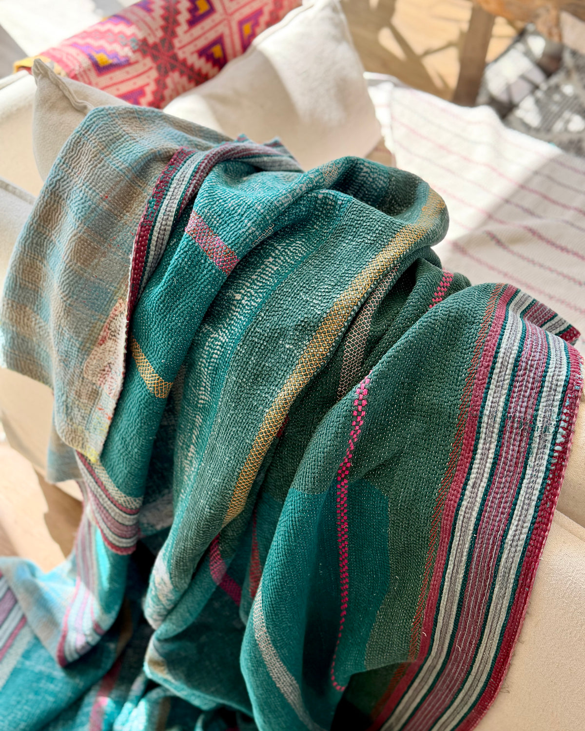 Extra Large Heavy Embroidered Vintage Kantha Quilt in Green and Blue