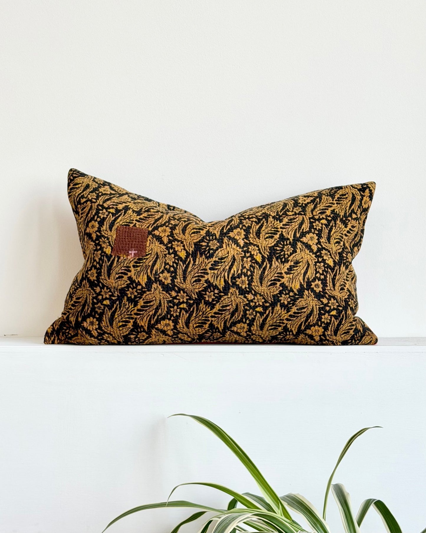 Vintage Kantha Cushion In Orange, Black and Gold - Small Rectangular - Biggs & Hill