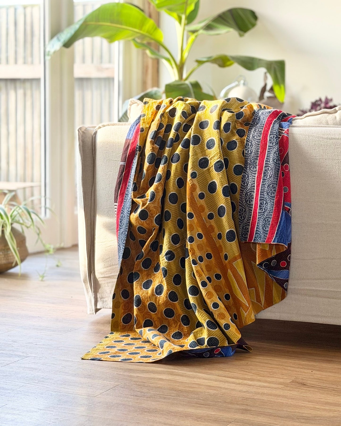 Fine Stitched Vintage Kantha Quilt With Yellow Dots and Blue Floral - Biggs & Hill