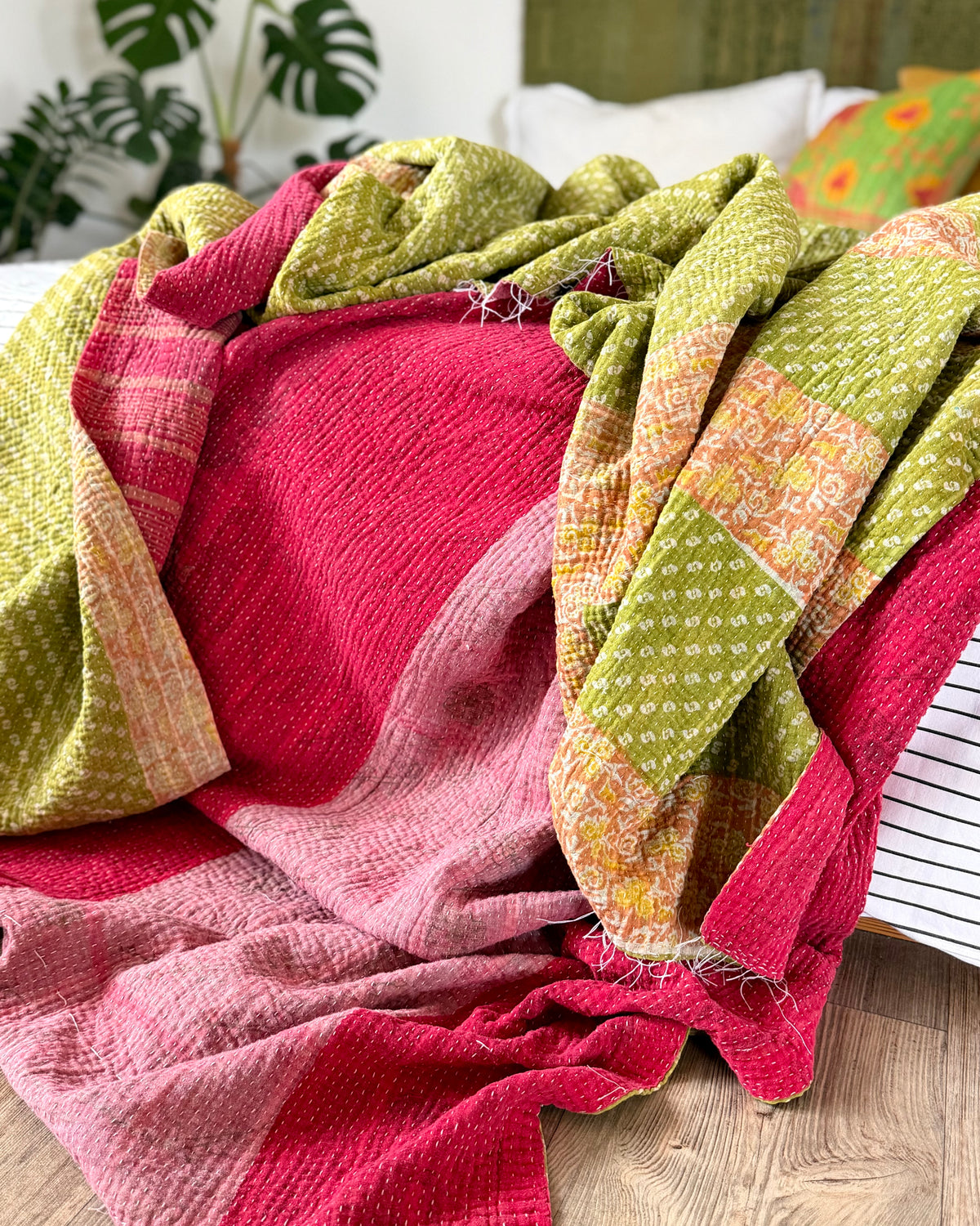 Extra Large Fine Stitched Vintage Kantha Quilt in Pink Stripes and Green
