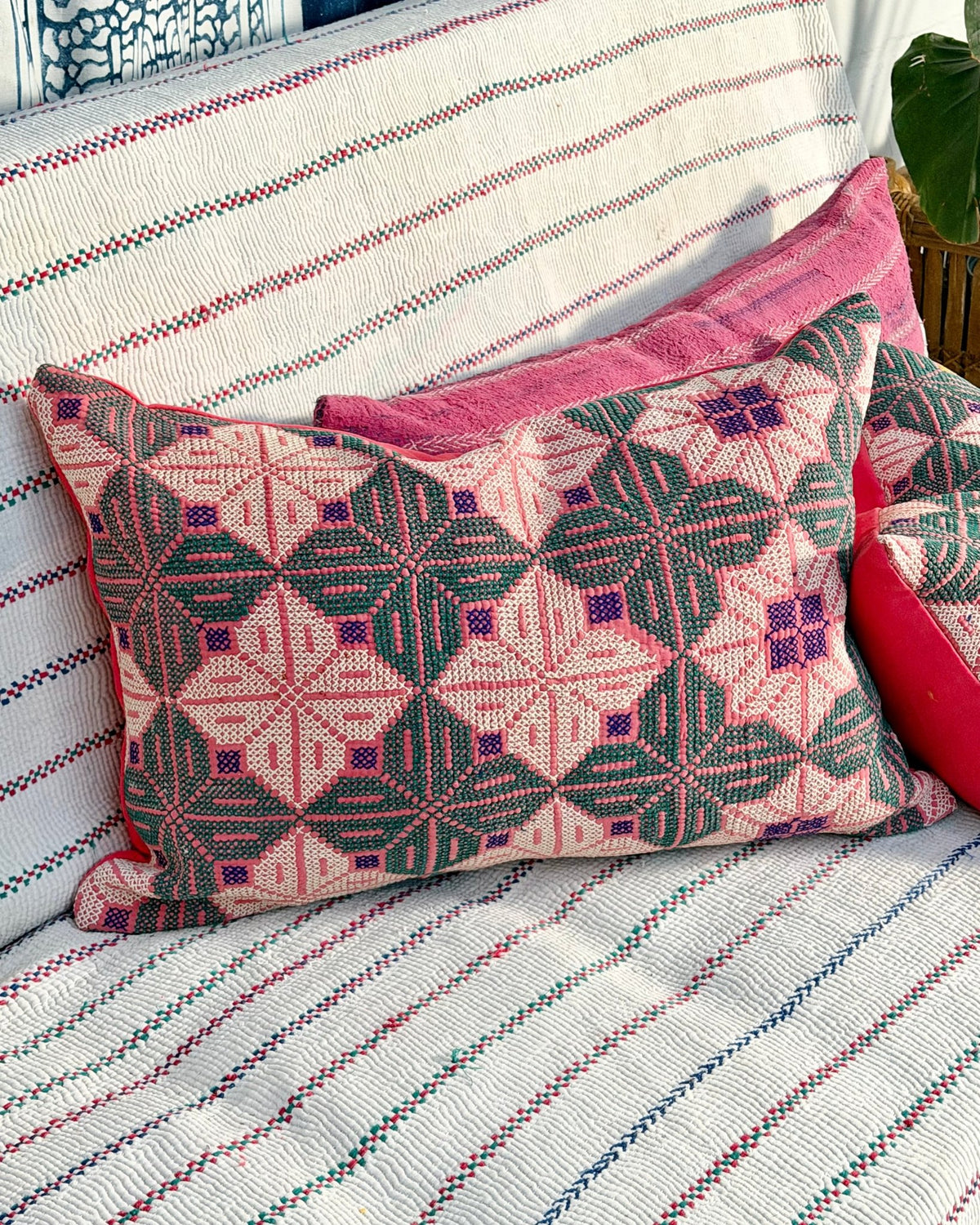 Vintage Galichi Kantha Cushion Cover In Pink - Large Rectangular - Biggs & Hill