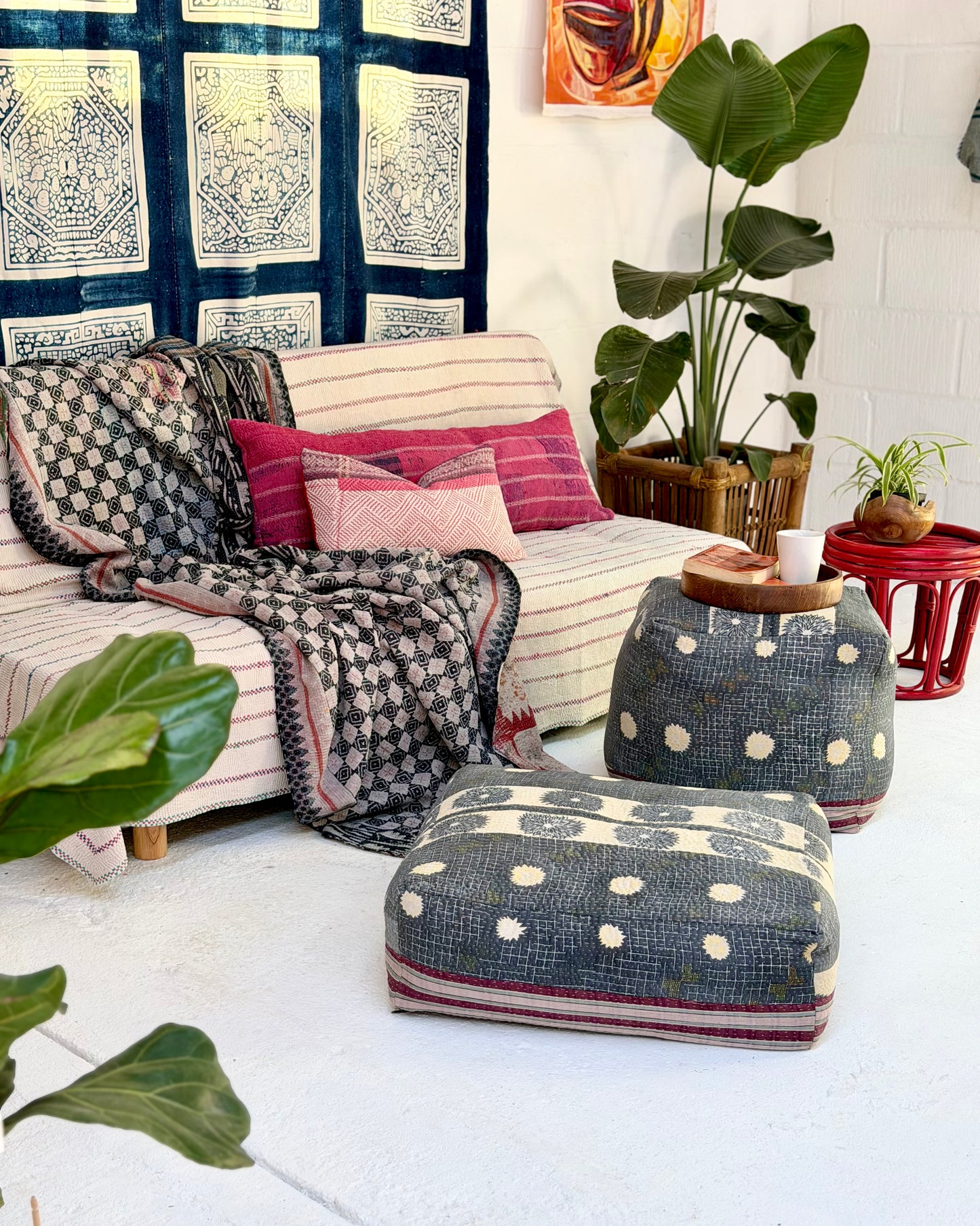 Vintage Kantha Cushion Cover In Pink and Purple - Small Rectangular