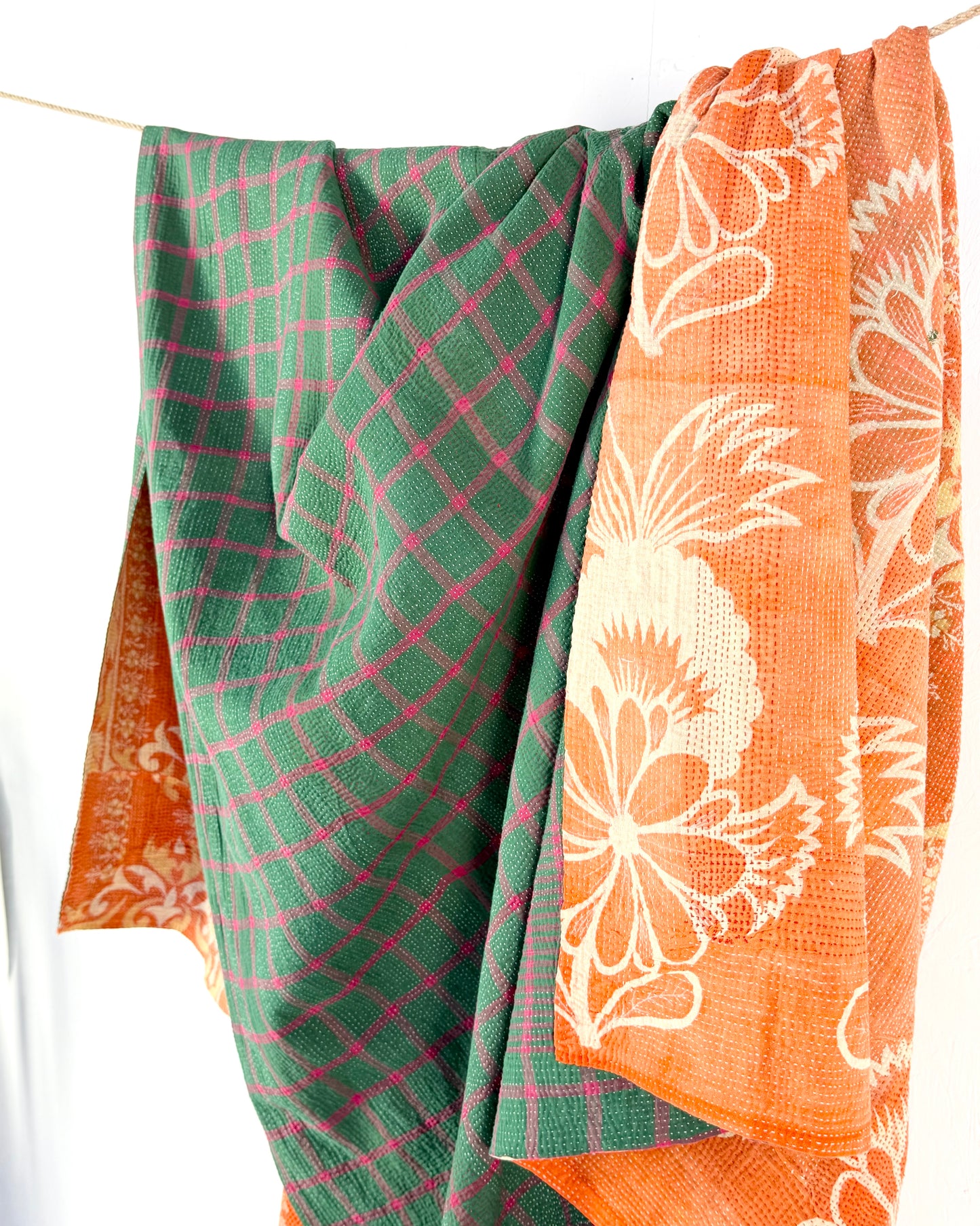 Large Fine Stitched Vintage Kantha Quilt in Orange and Green