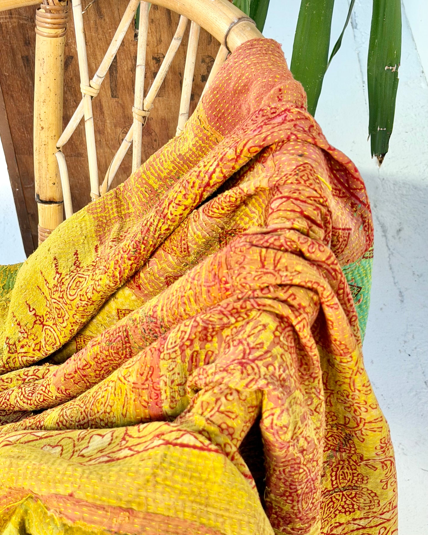 Extra Large Ajrakh Printed Vintage Kantha Quilt In Green-Gold