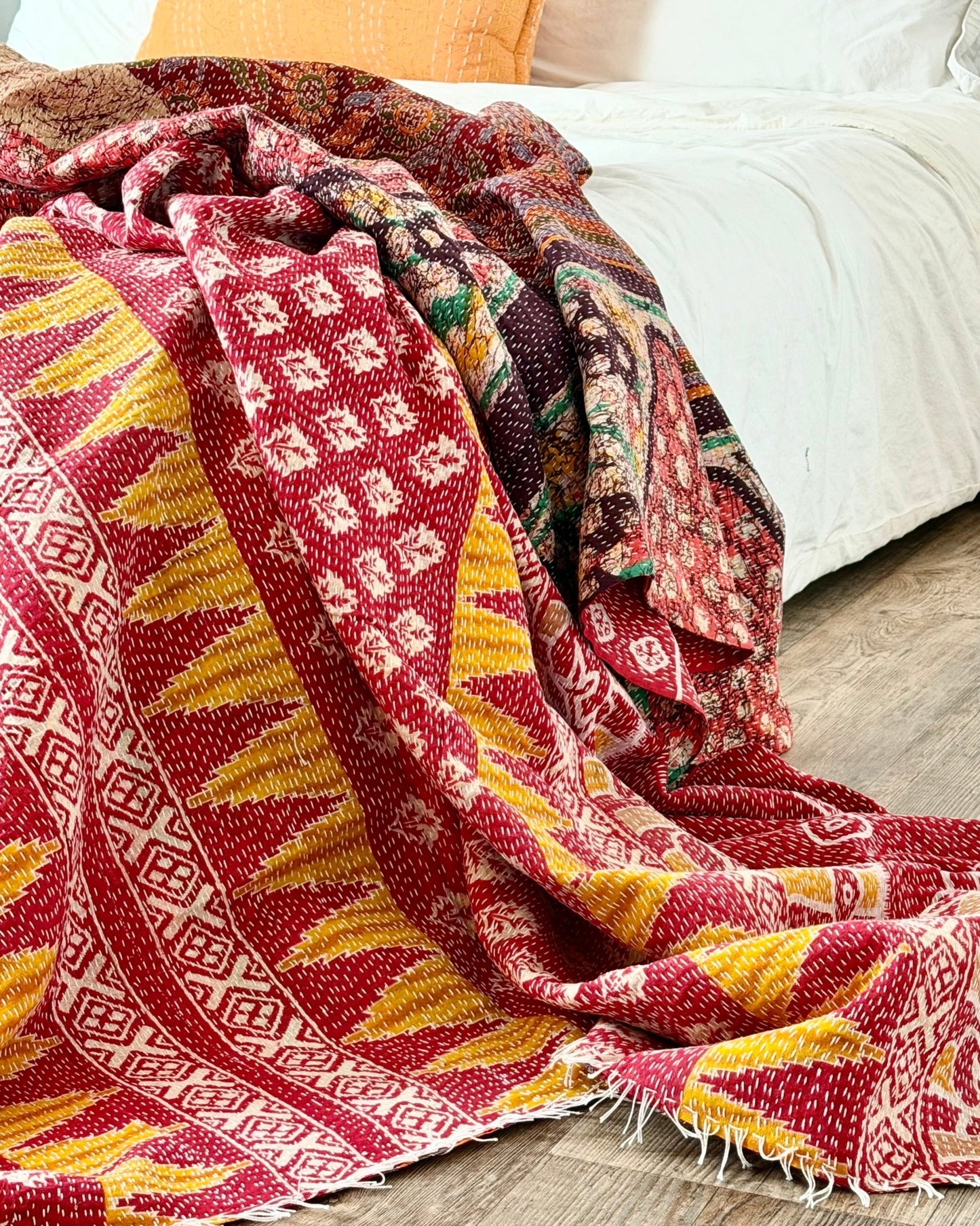 Super King Vintage Kantha Quilt in Pink and Brown - Biggs & Hill